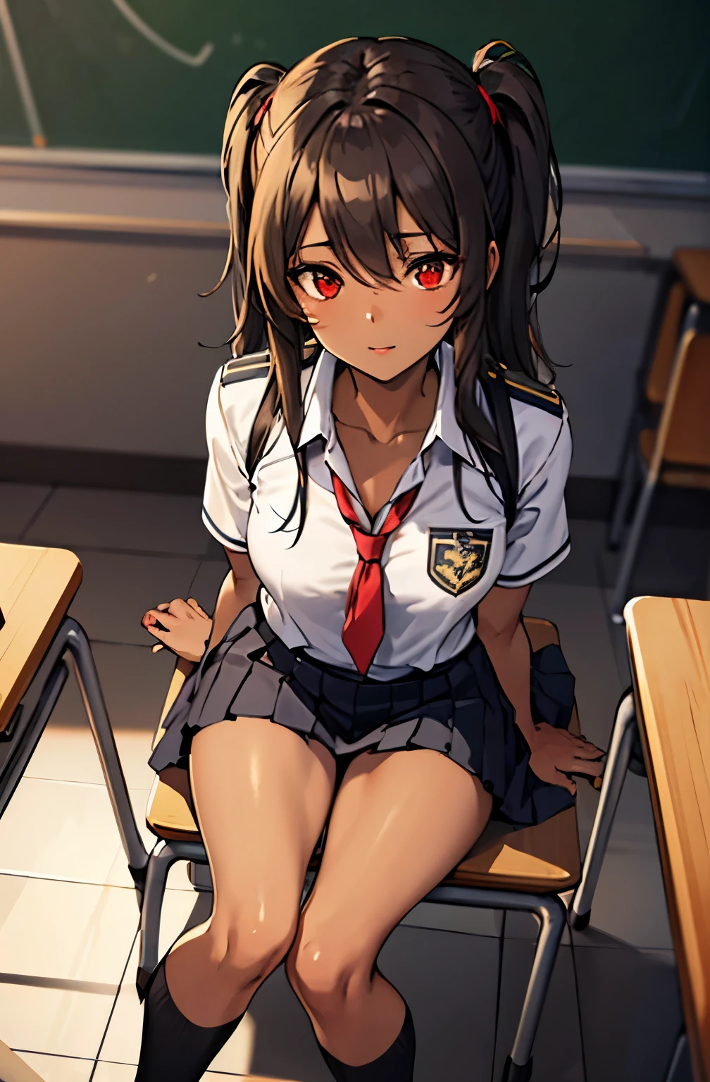 (masterpiece:1.2, best quality), 1 female, alone, Uniforms, classroom, sky, sit, brunette, Double tail, Red eyes, open collaboration bone, dark skin, (open chest:1.1),perspective from above:1.15