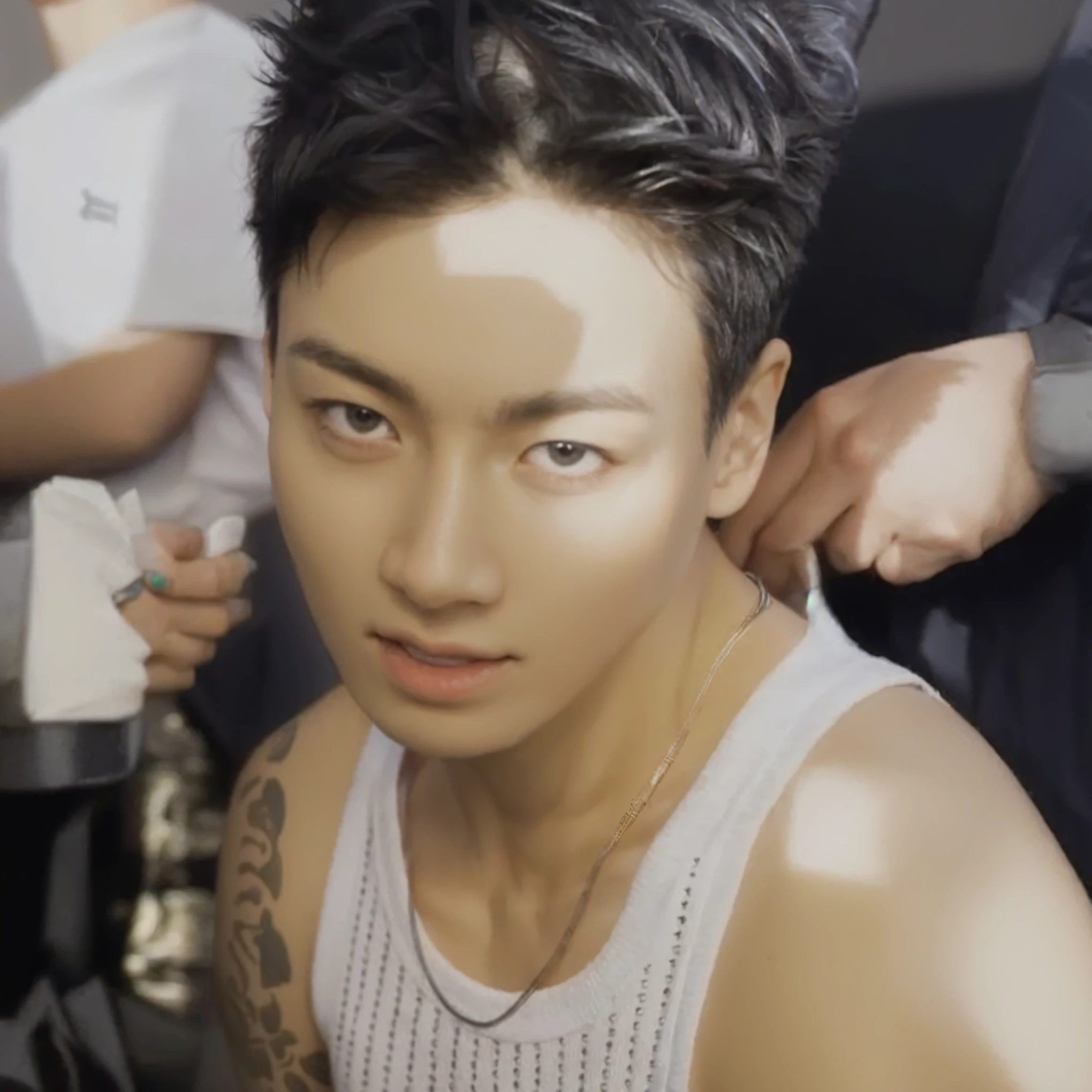 there is a man with a tattoo on his arm and a man with a tattoo on his arm, Jungkook, adorable and pale korean face, cai xukun, brilhante da chuva, young pale angel, hyung tae, taejune kim, homem sul-coreano, olhos de julgamento brilhantes, cara suada, Wonbin Lee, ironic smile, pele suada, kpop boy, korean face, bts jungkook, korean male face