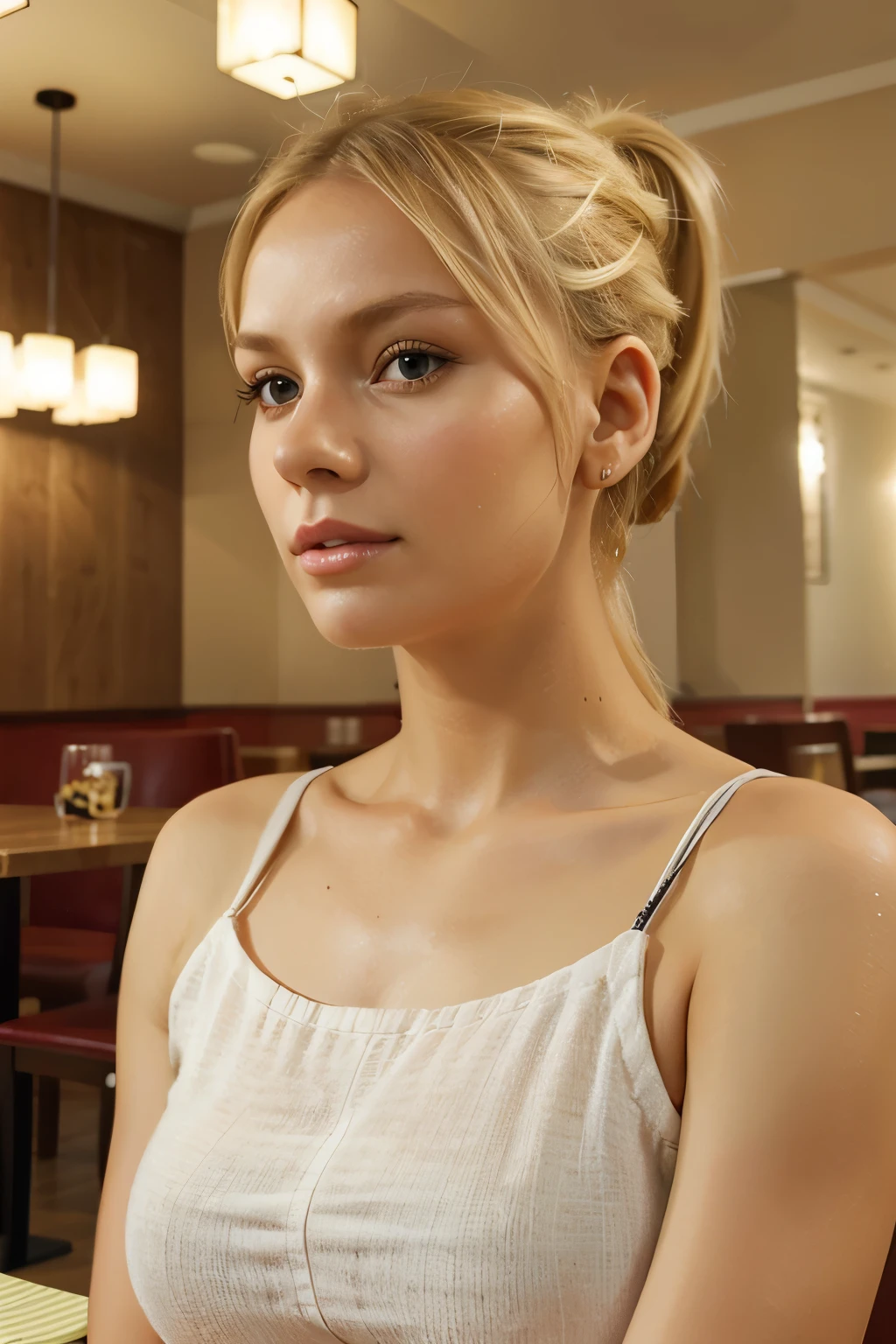 blonde polish girl with ponytail with c sized in restaurant realistic face
