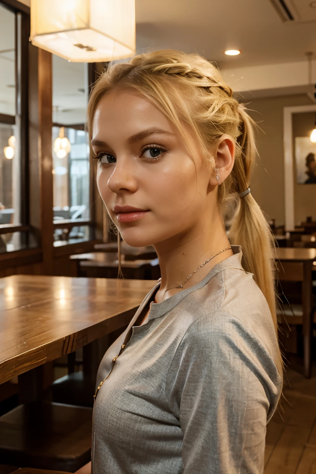 blonde polish girl with ponytail with c sized in restaurant realistic face
