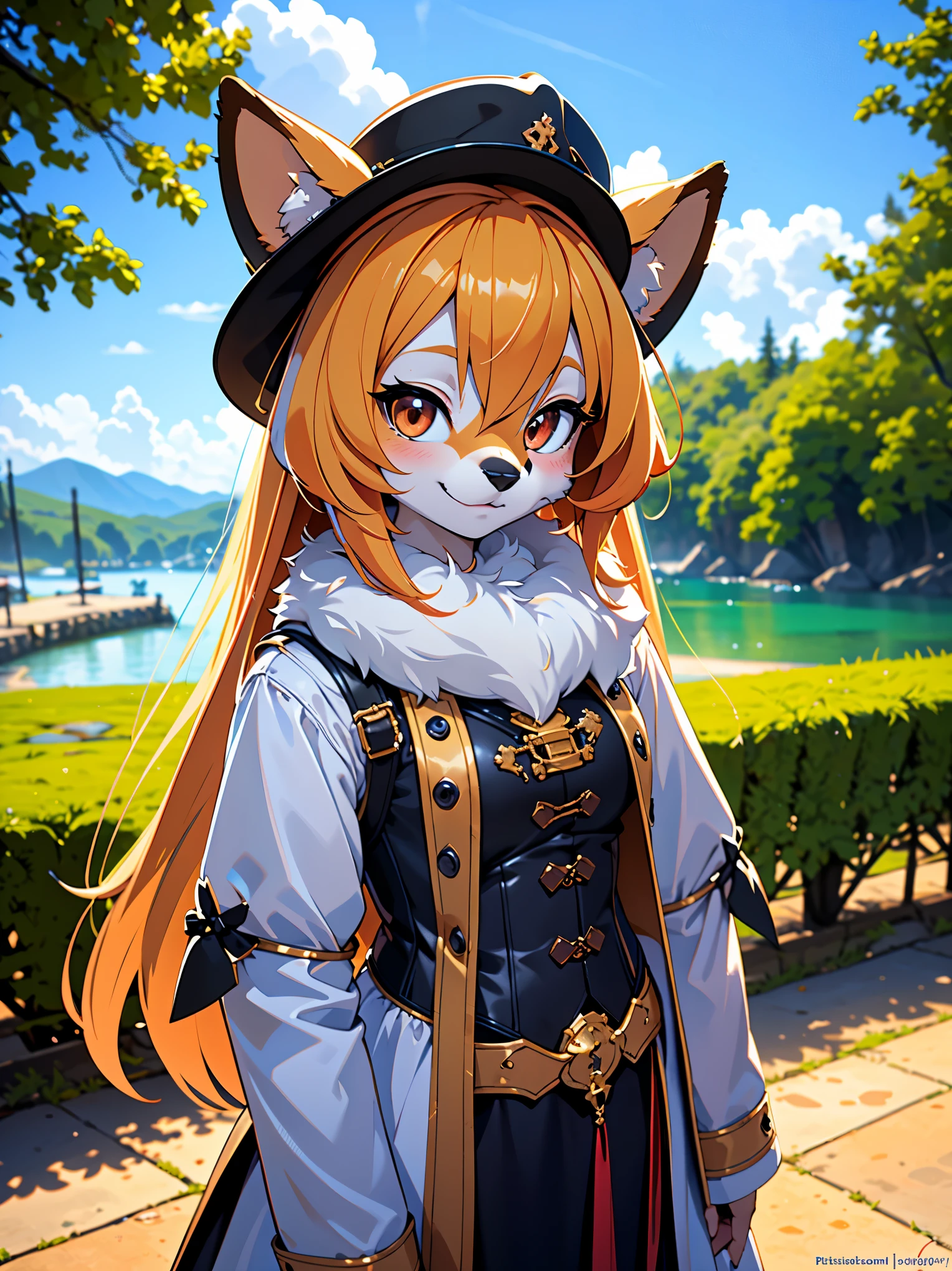 dog girl,long white fluffy hair,fur skin,white long coat,brown corset,steampunk,female,beautiful,furry,(wearing) Luxurious medieval fantasy outfit, (character) , (Best Quality,4k,8K,hight resolution,Masterpiece:1.2), Ultra-detailed, (Realistic,Photorealistic,photo-realistic:1.37), HDR, UHD, studio lightning, ultra-fine painting, sharp-focus, physical based rendering, extreme detail description, Professional, Vivid colors, bokeh, (em) portrai, landscape, photografic, Concept Artists (style of), (with a) vibrant color palette, (pa) soft-lighting. Jewelry,