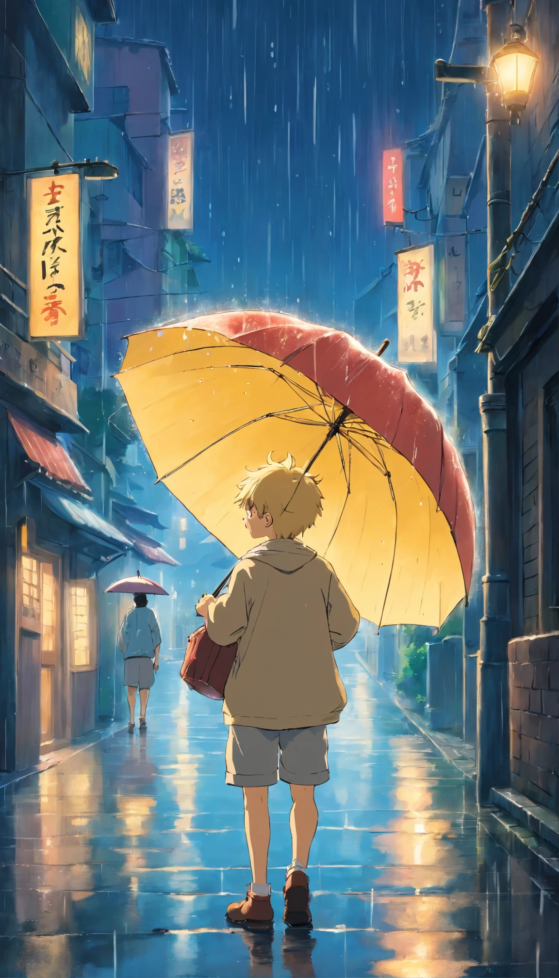 16 year old blond boy seen from afar with an umbrella in his hands with light rain 