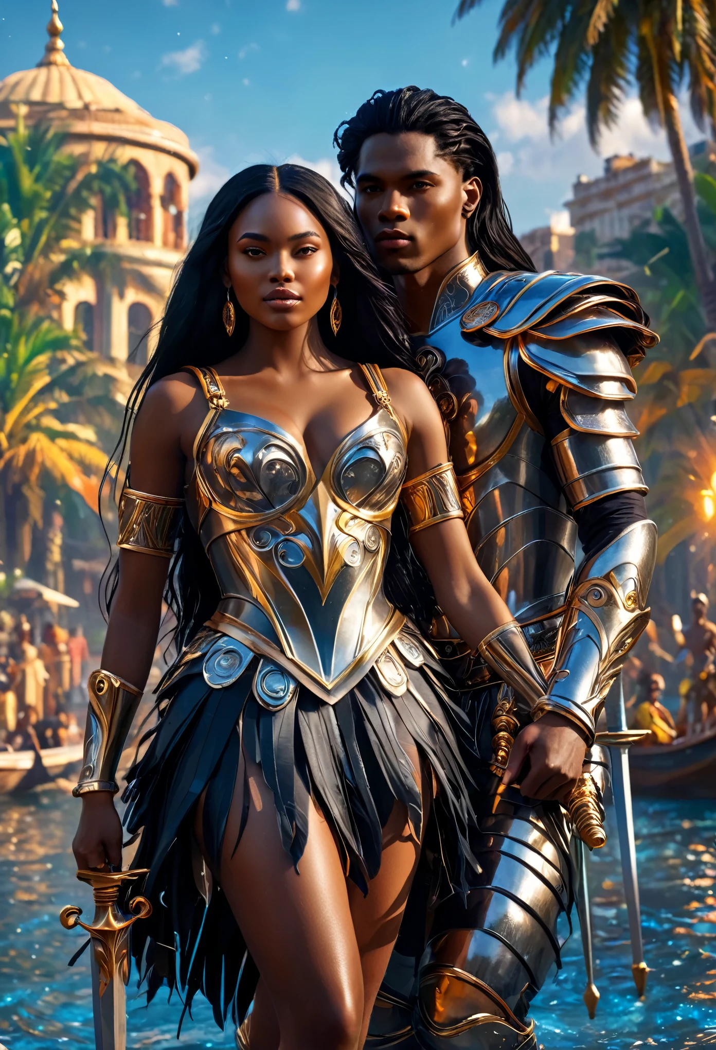 Novel in futurist kingdom of Africa, on a boat, a man and a woman, (((a :1.7 couple in 16's),abeautiful young darkskin couple with (((a long black hair young queen))) with (((a young imperial king with long black hair))), fighting with luminous swords and lances, (((very beautiful))), perfect faces, whole body, romantic scene, romantic Way, sexy couple, 8K, extremely detailed, (high quality, realistic, photorealistic: 1.37), Full body, ideal proportions and defined complexion, meticulously crafted features, unreachable beauty, perfection, artistic masterpieces, vivid realism, hyper-detailed sculptures, life-like forms, truly awe-inspiring, impeccable craftsmanship, pure radiance, ethereal beauty, delicate contours, striking poses, sublime beauty, subtle nuances, dynamic compositions, vibrant colors, perfect lighting, soulful expressions, celestial aura, majestic presence, dreamlike atmosphere, unmatched gdetailed octane render trending on artstation, 8 k artistic photography, photorealistic concept art, soft natural volumetric cinematic perfect light, chiaroscuro, award - winning photograph, masterpiece, oil on canvas, beautiful detailed intricate insanely
