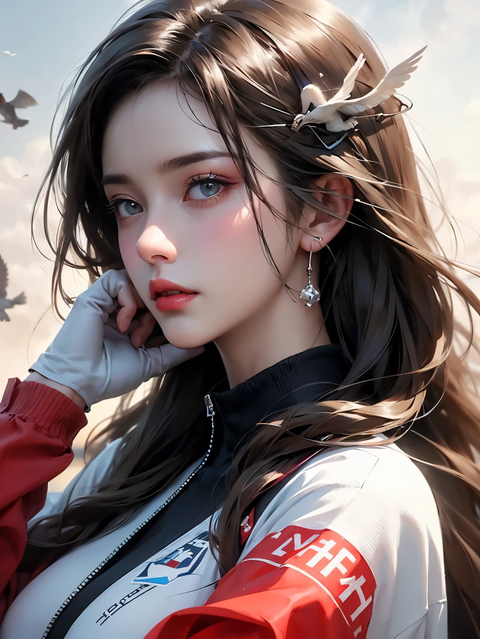 (8K, best quality, masterpiece:1.2), Super detailed, masterpiece, Realistic lighting,masterpiece, best quality, masterpiece, official art,extremely detailed CG unity 8K wallpaper,Beautiful and delicate eyes, There is light on the face, 1 girl, flying birds,Upper body, breast, pilot_suit, plugsuit, Red_Jacket, windbreaker, Gloves, bandage, hair_decoration, support,