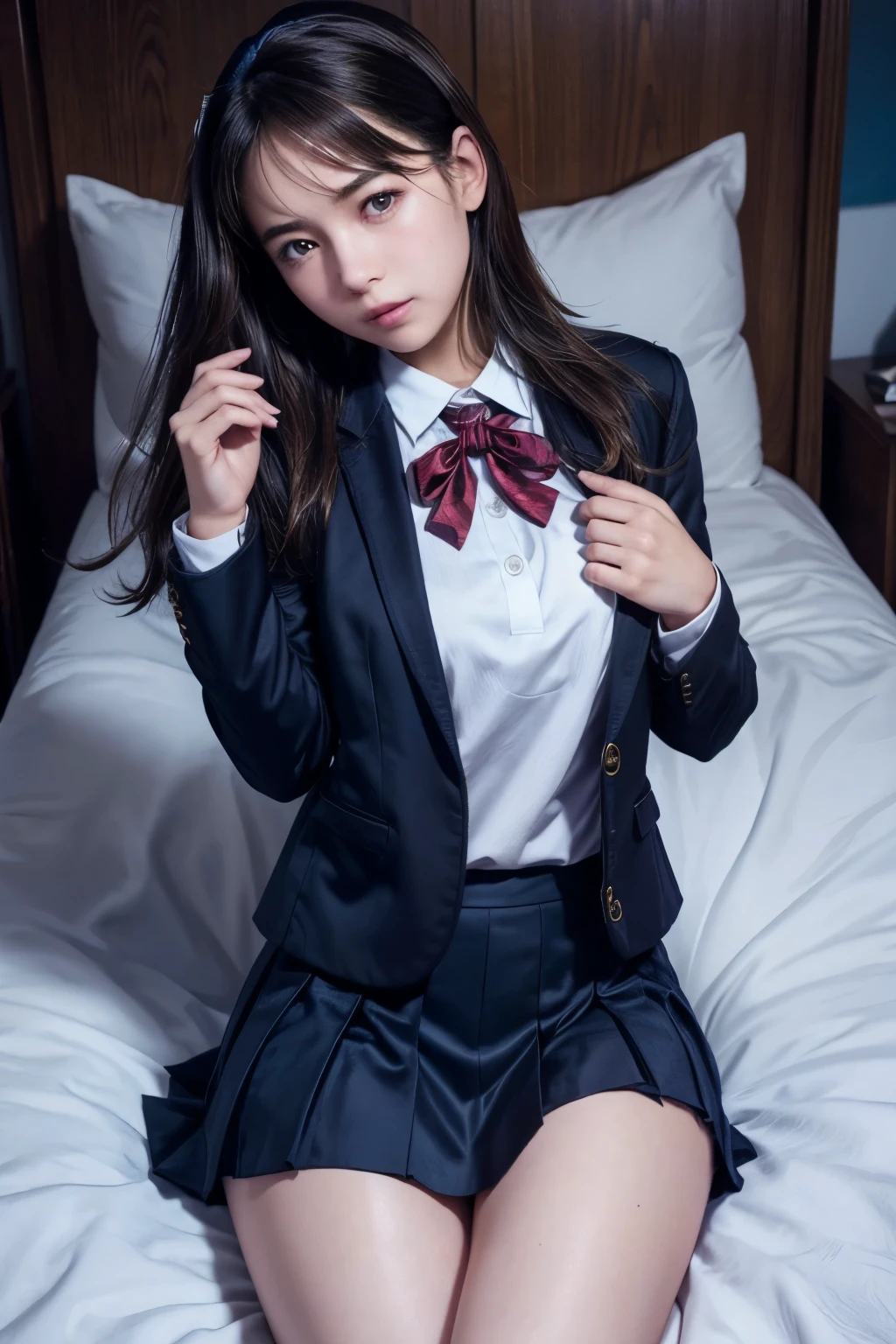 cute sexi girl, ((open legs)) highly detailed, ((very detailed face)), extremely detailed 8k unified CG wallpaper, highly detailed, raw color photos, professional photography, Realistic, (beautiful medium breasts, cleavage, beautiful nipples visible), (high school uniform with open chest:1.6), (Looking at viewer, embarrassed:1.6, embarrassed expression:1.45, sleepy eyes:1.2, shy, nervous), pleated up skirt, bedroom, From above lying on back, head on a pillow, cameltoe