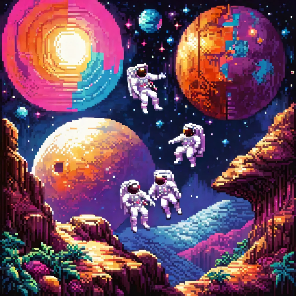 Pixel Art, Pixelated 1980s-style astronauts float above Earth in vibrant neon space with distant stars, detailed helmets, and white suits with red and blue accents, waving at each other. HD 2D Pixel Art :: Pixel style :: Pixels