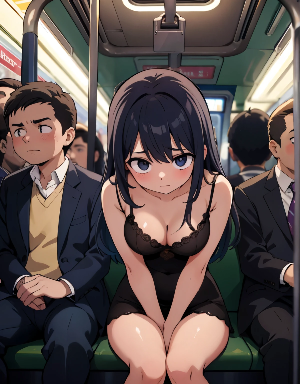 a girl being touched by multiple men without her consent inside a subway car,illustration,harsh and disturbing atmosphere,[dark shadows,dark and crowded subway car,panic,struggle],(best quality,highres),vivid colors,warm tones,dimmed lighting