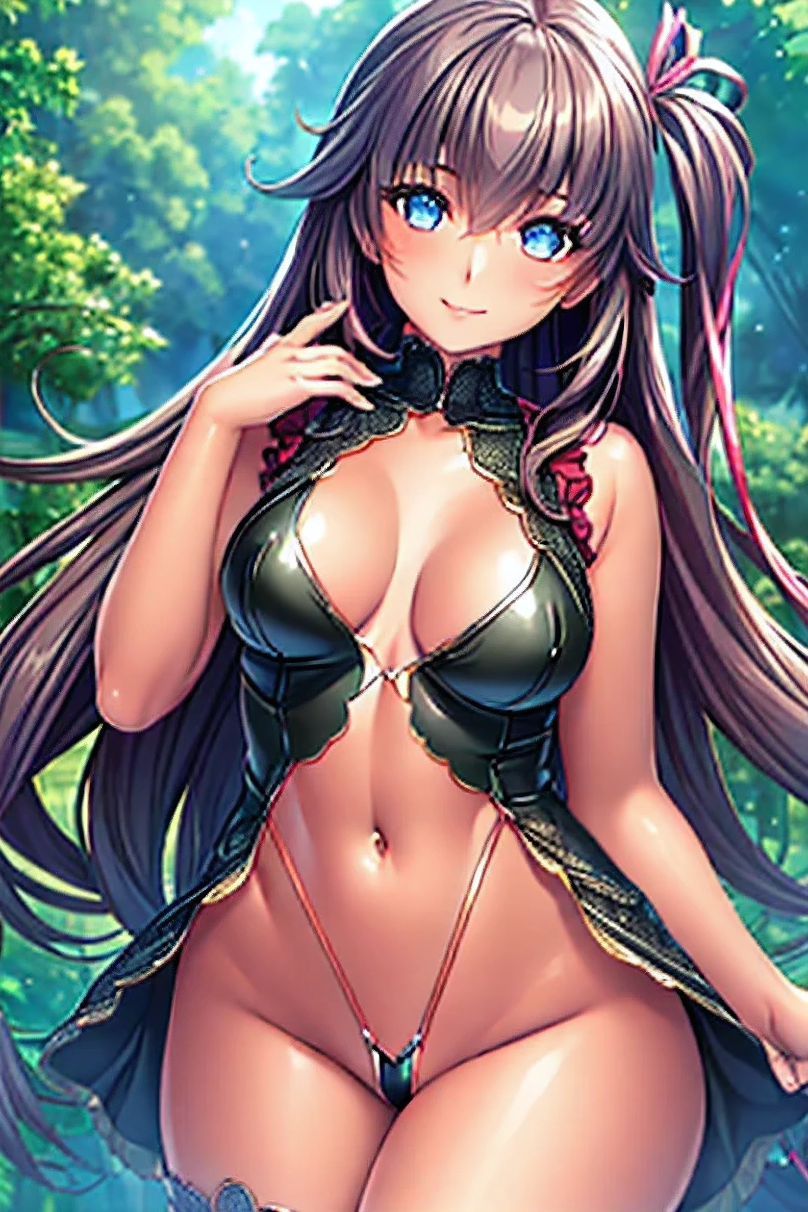 (best quality, high resolution, masterpiece: 1.2), ultra-detailed, (transparency in her clothing) (realistic, photorealistic, photorealistic: 1.37), 1 girl, beautiful detailed eyes and face, long eyelashes, cute smile , loose hair, outdoor setting with vibrant colors, soft sunlight, a gentle breeze, hairband adorned with pastel ribbons swaying gently, sheer leotard with intricate lace flower details, boots that accentuate the thighs, creating a ethereal atmosphere and enchanting effect, showgirl skirt with layers of ruffles, dynamic and playful, revealing glimpses, creating a sense of confidence and charm in your pose.