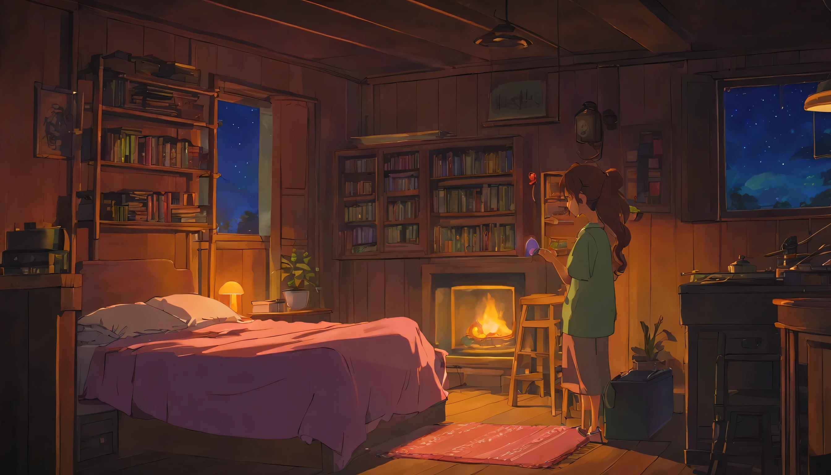night、Girl listening to music in a cozy room, use headphones, 2D style anime, i will fix it, hard disk, dark environment