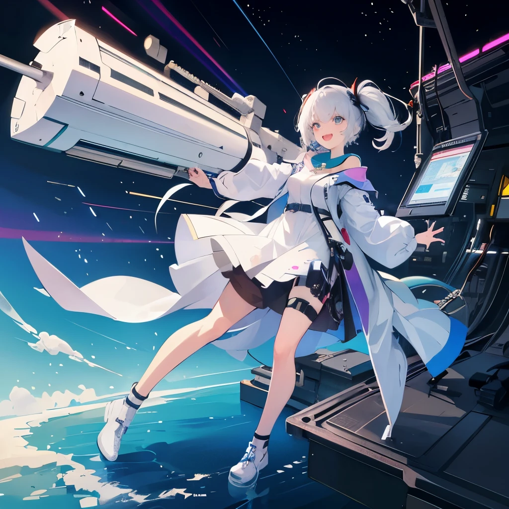 A gigantic gun whose half is a rainbow-colored 3D hologram. A beautiful white-haired scientist girl holding it. A laughing scientist with sci-fi elements in her accessories and clothes.