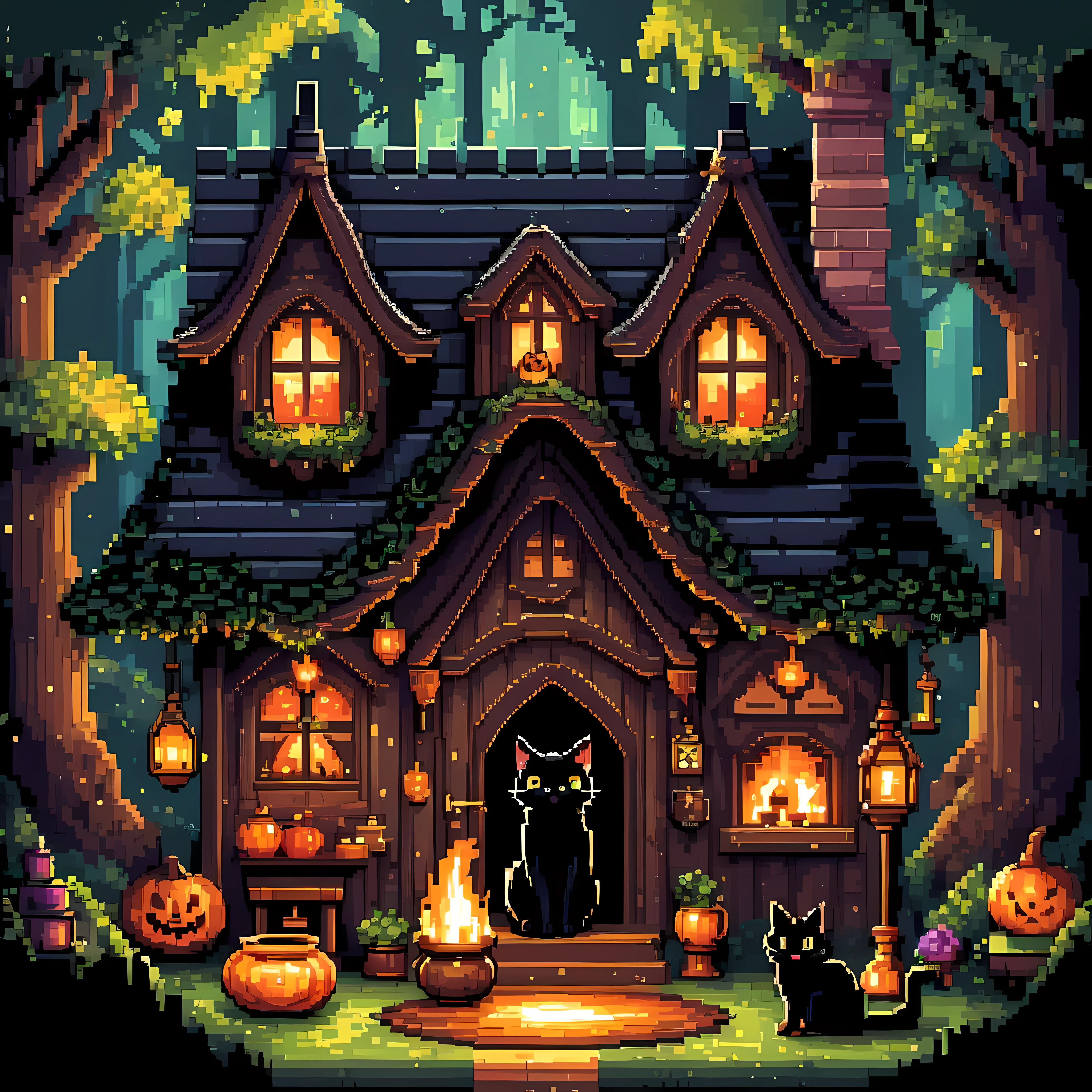 Cute pixel art illustration, masterpiece in maximum 16K resolution, superb quality, visualize a haunting twilight garden within a decrepit Victorian mansion during a sultry summer, where velvety dark roses, twisting ivy, the intricately carved gently flowing fountain, eerie bats flit through the dusky sky, adding a mysterious and gothic charm to the warm summer ambiance. | ((More_Detail))