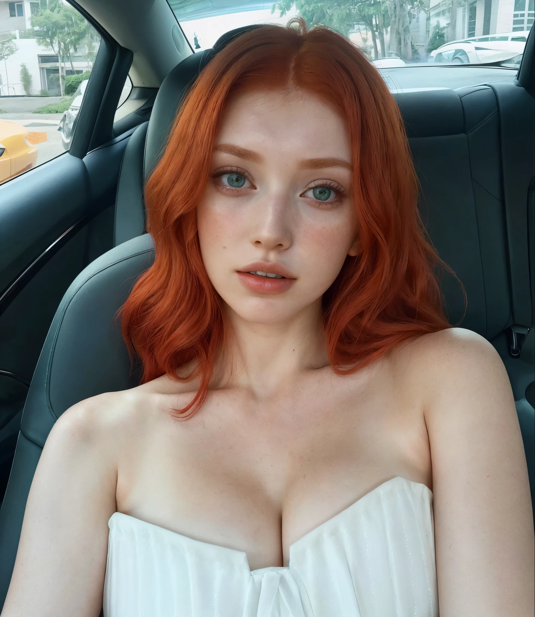 arafed woman in a white dress sitting in a car, amouranth, better known as amouranth, eleanor tomlinson, with red hair and green eyes, red haired goddess, with pale skin, red head, red hair and attractive features, she has red hair, beautiful redhead woman, yelena belova, young beautiful amouranth, short redhead