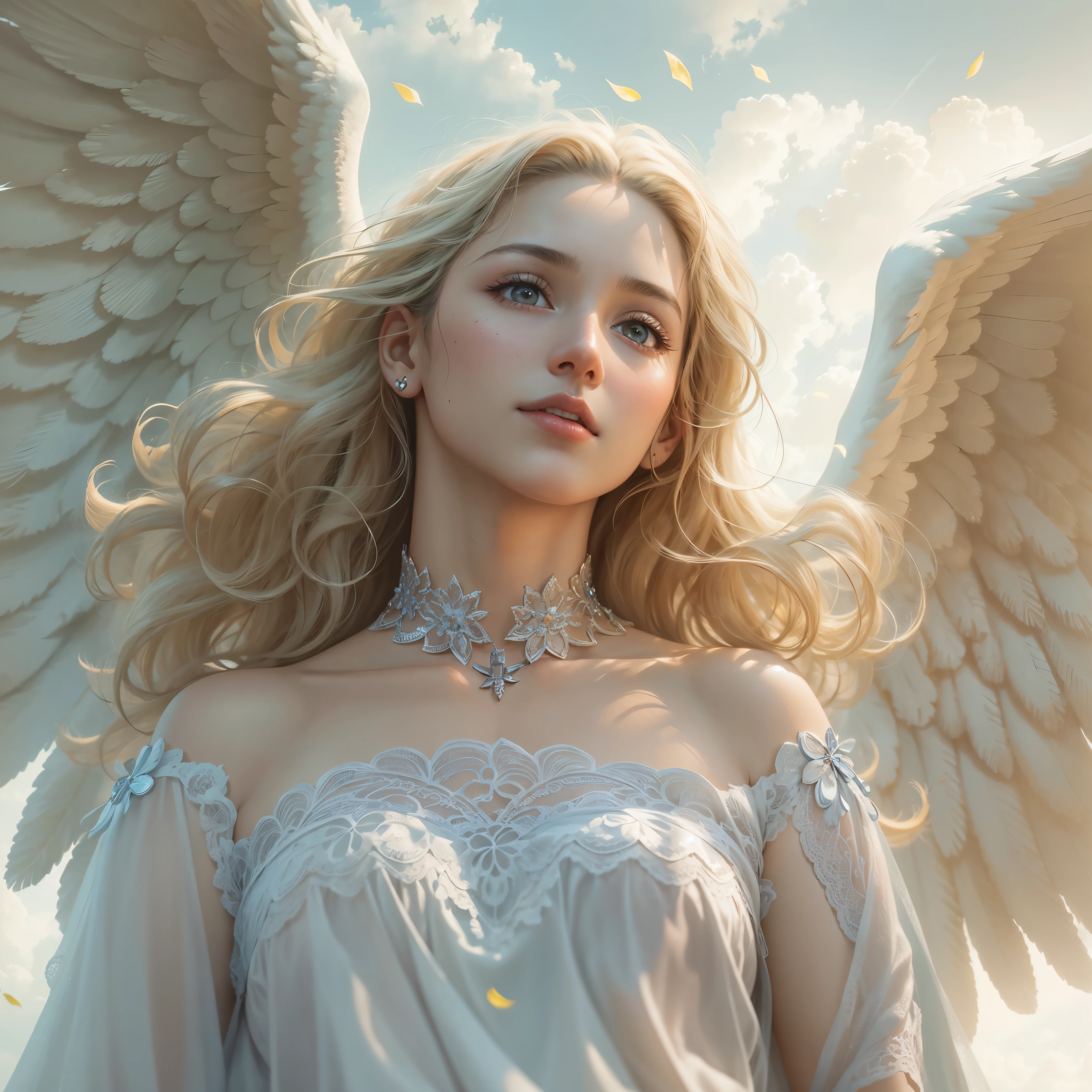 masterpiece, highest quality, 8K, real person, realistic, Very detailed CG, shiny skin, Fully focused, heaven, glory of god, shine, Angel, bless, happiness,