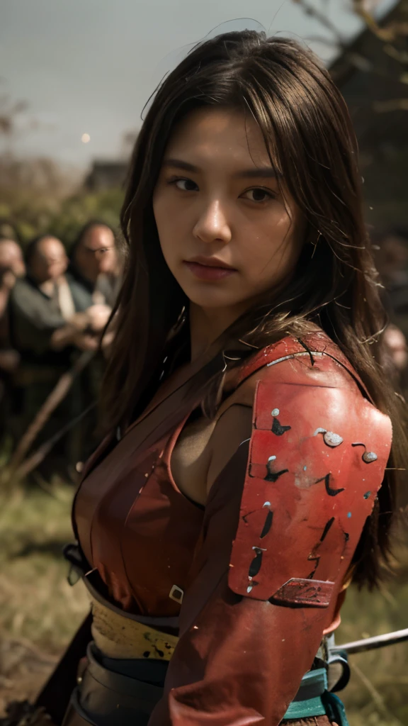8k wallpaper，ultra - detailed，rich details​，ultraclear，8K,，Best quality at best，best qualtiy，mistic，1 japanese female samurai , red armor，covered in blood , Ancient shogun general armor，（（（Sword in hand））），facing to audience，(((A withered battlefield，lots of corpses behind)))，Sadness outside，battlefiled，ancient battle field，Bust composition, fighting pose, long straight silky hair, Ultra high res, uhd, (photorealistic:1.4), high key photography, face well lit, broad daylight, dead bodies everywhere