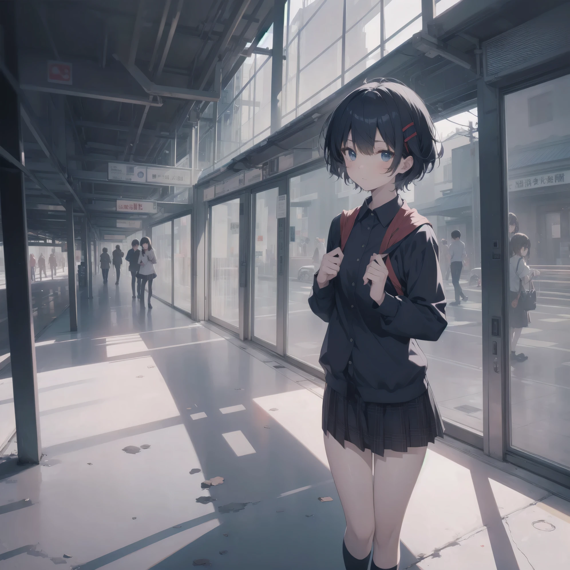 Super absurd quality by the god of art, Super detailed, High resolution, anime moe art style, best anime 8K konachan wallpaper, Pixiv contest winners, perfect anatomy, break, (眠そうにalone学校へ行く女の子を描いてください. )break,1 girl, (alone,little woman, cute face, :1.3),All limbs, full finger,, The charm of an immature body, (very_short hair), shortcut, Bang, flat chest, small ass, between legs, small black eyes, detailed and beautiful eyes, Well-proportioned iris and pupils, expressive eyes, High resolutionの詳細な髪, neck ribbon, shirt, collared shirt, skirt, pleated skirt, school uniform, (detailed lighting), (detailed background), On the way to school. break,super dense skin, Best cinematic lighting powered by famous artist, 8K,Beauty Illustration,photoshop_(Moderate),Absurd Hi-Res,UHD,rough skin,break,((artist:Fujiyama)), artist:Fujichoko,artist:Yamamoto_Soichiro,artist:hanekoto