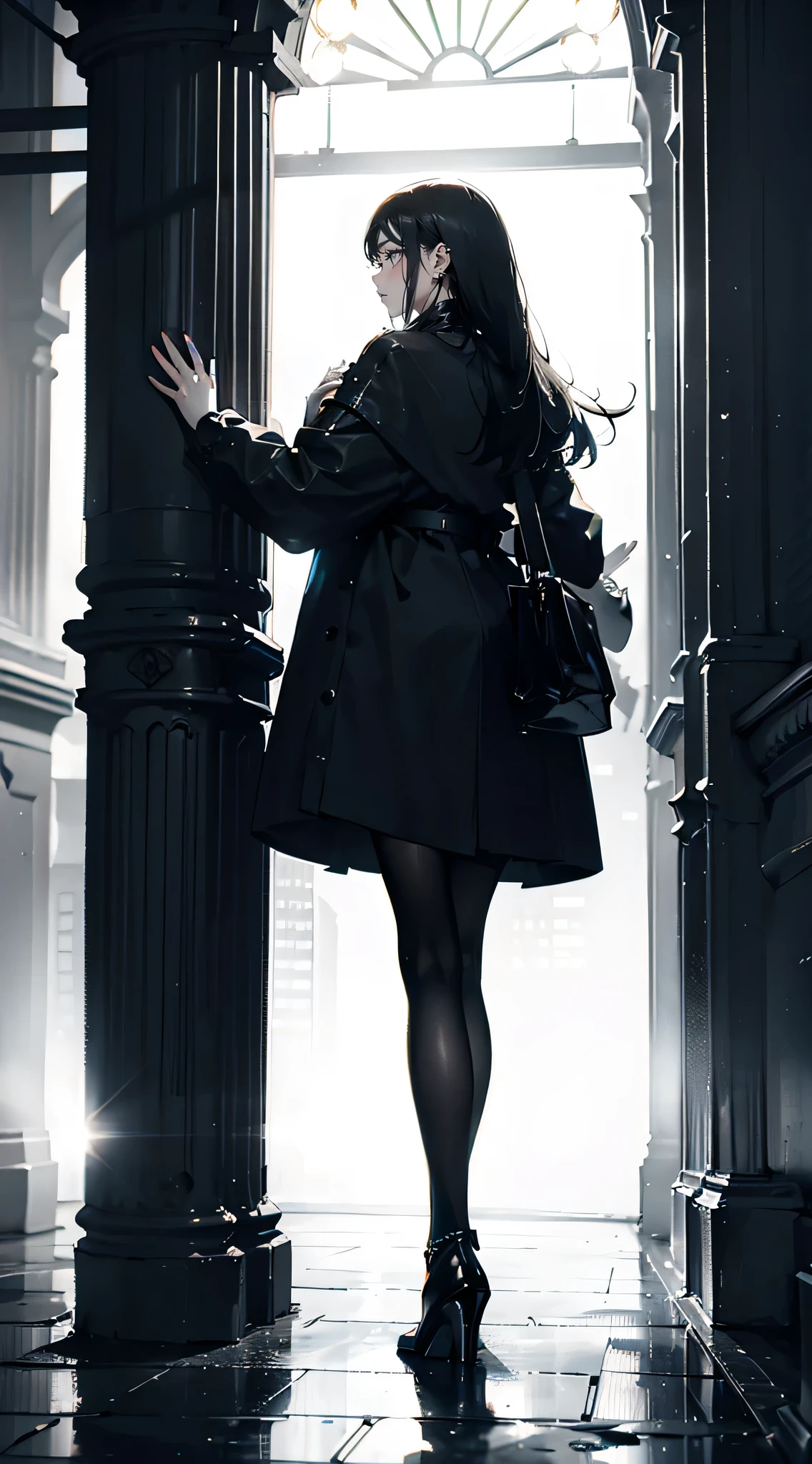 in the back, a ball head,mature,heavy makeup,ultrafine heel,dark colorless pantyhose,Ear studs,long legs,stand,sufficient lighting,8 thousand,in the square,During the day,two people standing together