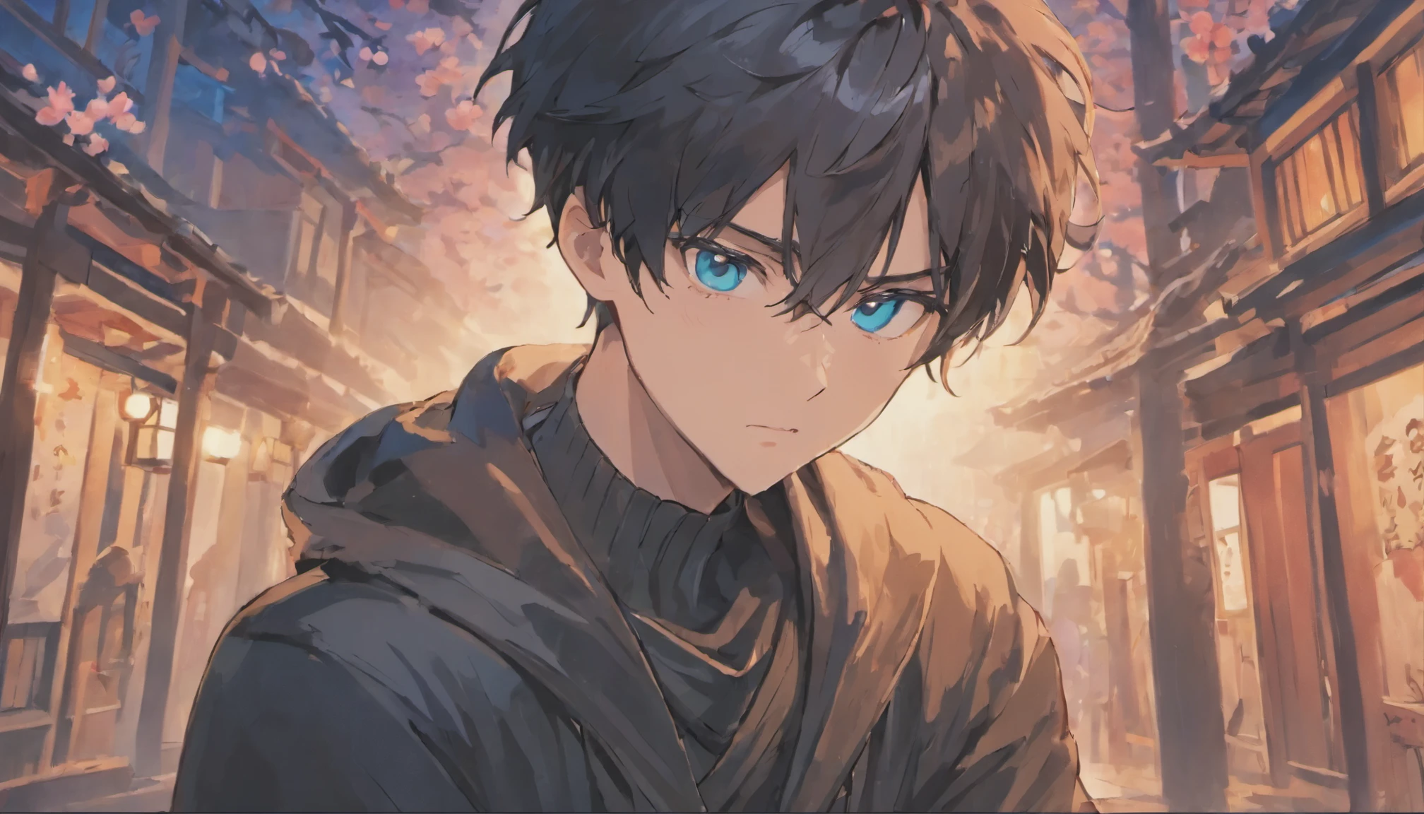  attractive, elegant, anime boy with blue eyes and a black shirt, blue eyes을 가진 키 큰 애니메이션 남자, inspired by Okumura Masanobu, inspired by Okumura Togyu, young anime man, Animation Moe Artstyle, anime handsome man, anime boy, Animated portrait of a handsome man, male anime character, 2D animation style, handsome anime pose, blue eyes, Cartoon illustration of a boy, virtual youtuber, navy hair, anime boy, illustration, inspired by Okumura Masanobu, inspired by Okumura Togyu, Panorama, japanese style building, mountain, light turquoise, dark pink, vibrant, eye-catching, Traditional Animation, dynamic movement, Cherry Blossom, shaking tree, layered image, travel, adventure, immersive, vintage charm, classic japanese art work, Contemporary Aesthetics, virtual personality.