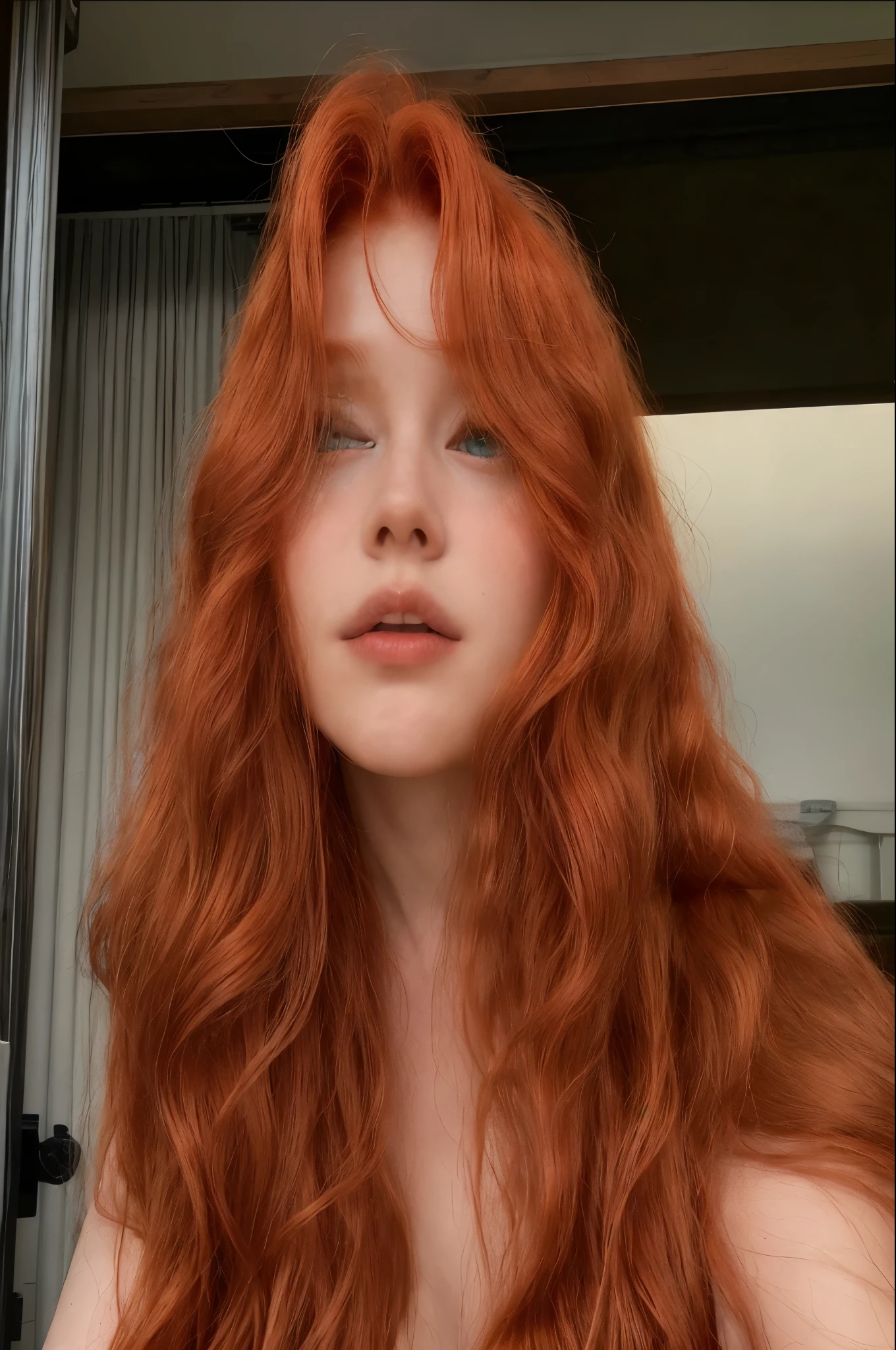 arafed woman with red hair and blue eyes posing for a picture, ginger wavy hair, flowing ginger hair, curly copper colored hair, with curly red hair, red hair and attractive features, wavy big red hair, wild ginger hair, long wavy orange hair, very long wavy fiery red hair, long loose red hair, long flowing red hair, long wavy red hair