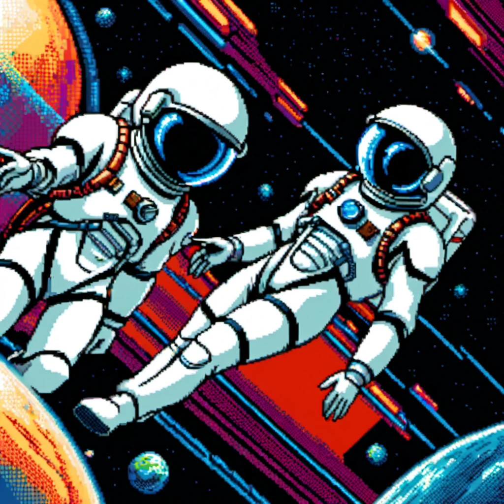 Pixel Art, Pixelated 1980s-style astronauts float above Earth in vibrant neon space with distant stars, detailed helmets, and white suits with red and blue accents, waving at each other. HD 2D Pixel Art :: Pixel style :: Pixels