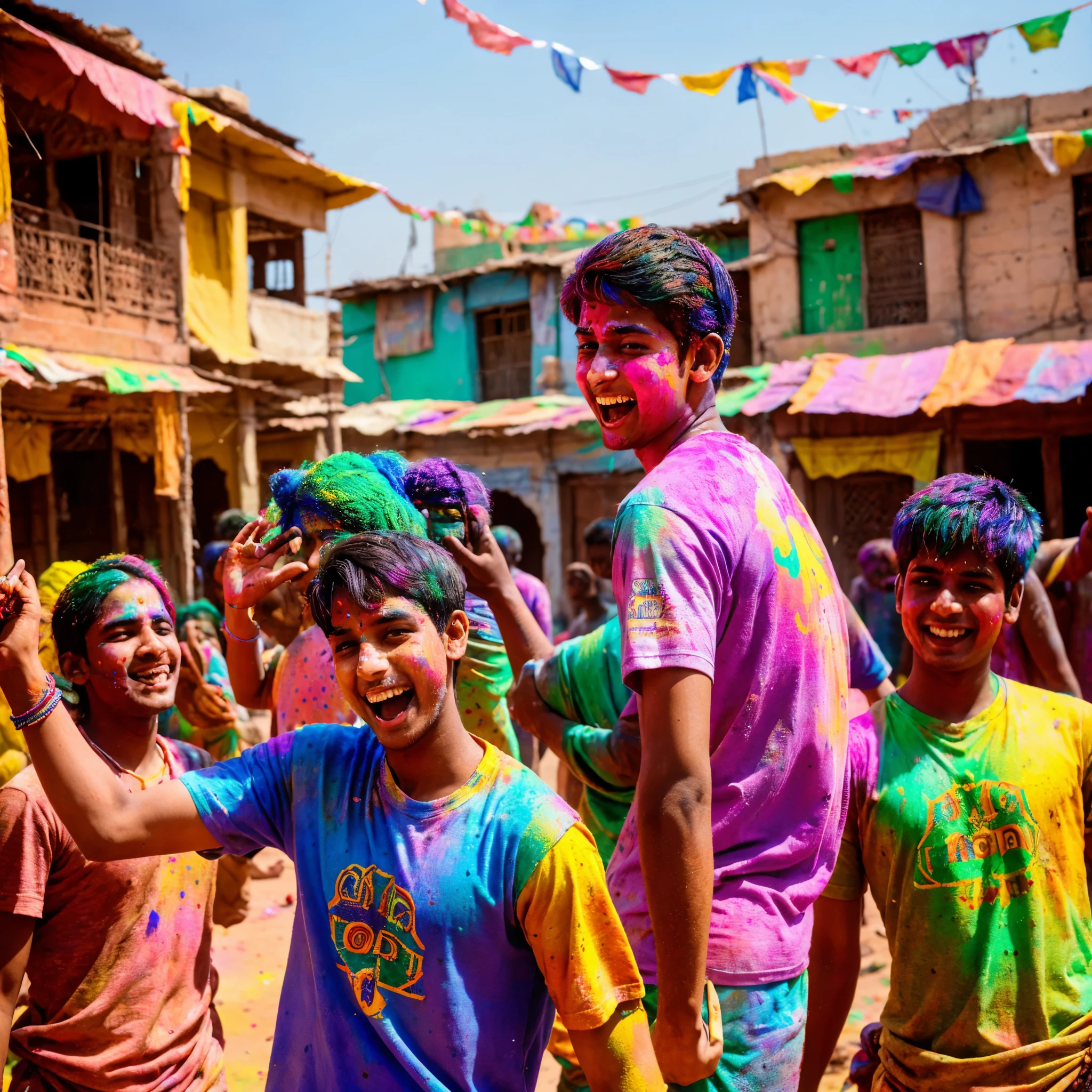 highly detailed and realistic 3D image depicting a 20-year-old boy joyfully celebrating the Holi with Lord Krishna in the vibrant setting of Mathura Vrindavan. The boy is wearing a T-shirt on which "KARAN" name is written, their faces are visible, the words "Happy Holi" are elegantly scripted on the top of the sky. The background features the picturesque landscapes of Mathura Vrindavan, complete with colorful buildings and lush greenery. Children are depicted playing Holi.