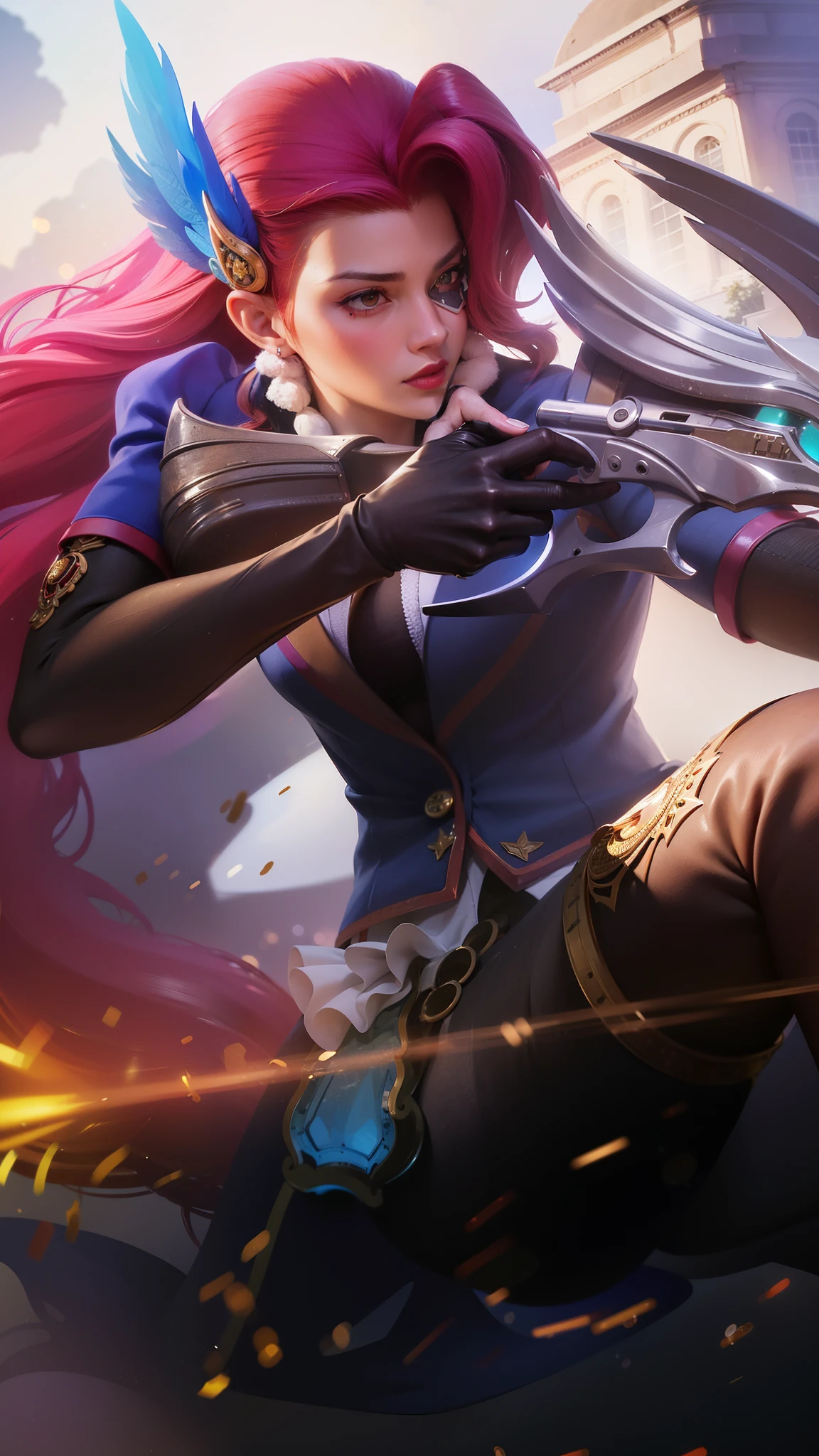 a close up of a woman with a gun in her hand, red long hair, red lips glossy, 8k, ultra hd, ultra detailed texture, hyper realistic, masterpiece, detailed texture, detailed face, detailed skin, detailed lighting, (photorealistic:1.5), best quality, beautiful lighting, cinematic lighting, professional lighting, ultra highres, realistic, detailed hair, real hair, high quality, (realskin:1.5), extremely detailed, finely detail, ultra-detailed, braids, eye patch, left eyepatch,