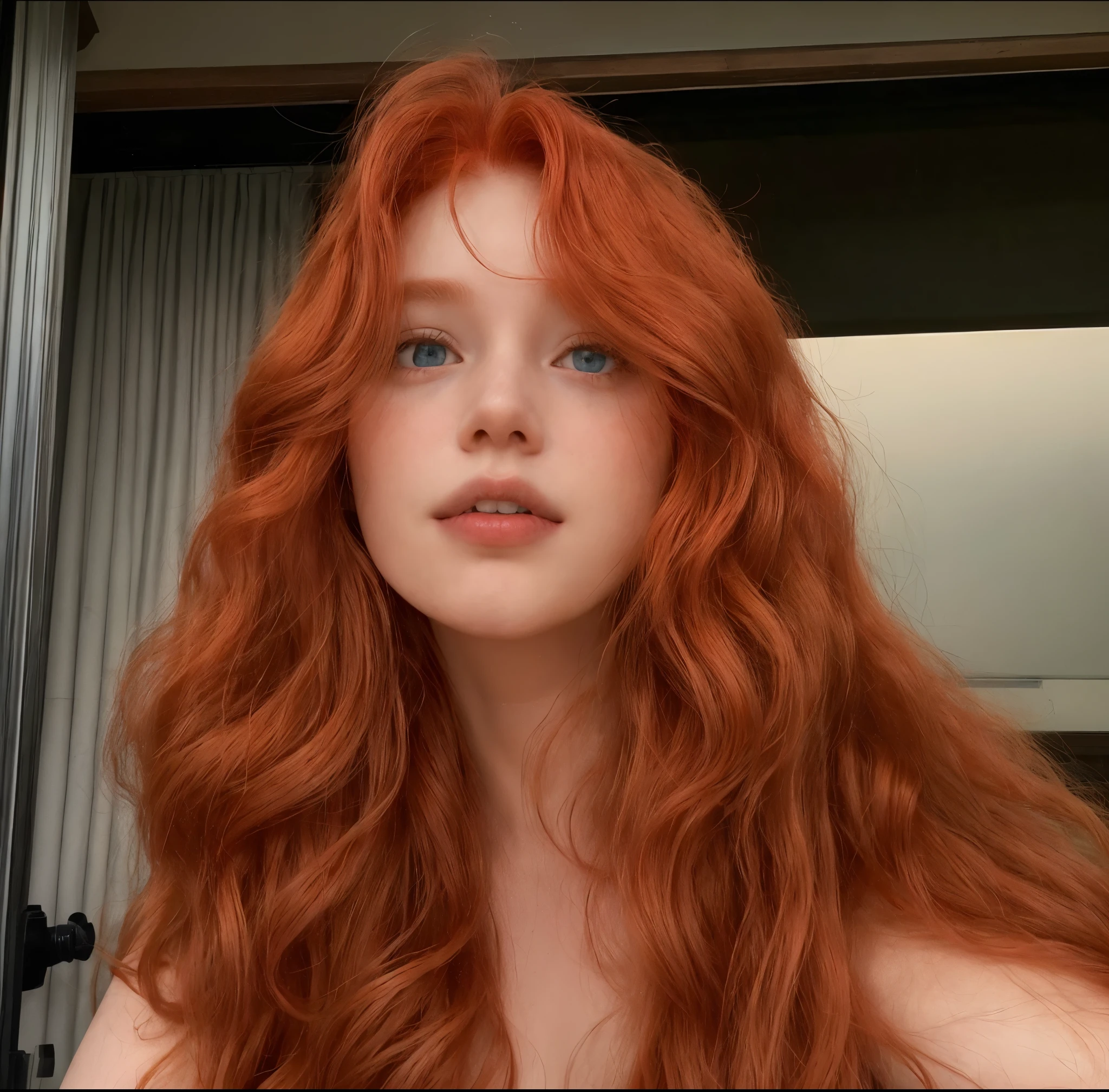 arafed woman with red hair and blue eyes posing for a picture, ginger wavy hair, flowing ginger hair, curly copper colored hair, with curly red hair, red hair and attractive features, wavy big red hair, wild ginger hair, long wavy orange hair, very long wavy fiery red hair, long loose red hair, long flowing red hair, long wavy red hair