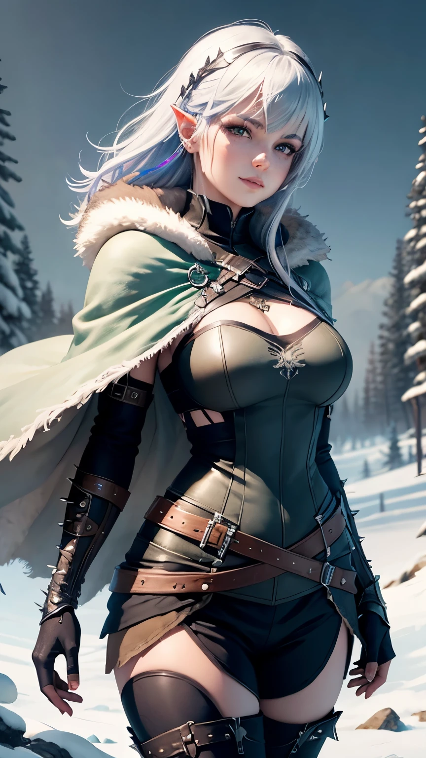 android 18,yorha 2b,tracer,y'shtola rhul, lord of the rings,warcraft,close up,winter forest,magic elf forest,rune tattoos,royal green and gold plugsuit,forest elf short sleeve leotard,royal elf cape,forest elf armor,lycra micro shorts,short elf hair,war makeup,blue eyes,multicolored silver hair,long elven gloves,sexy smile,freckles,beautiful girl,tall elf boots,large breasts,8k,ultra detailed,realistic,fantasy art,viking armor,hair pin,ear piercings,(weather:rainy),1girl,elf ears,holding a elf dagger,