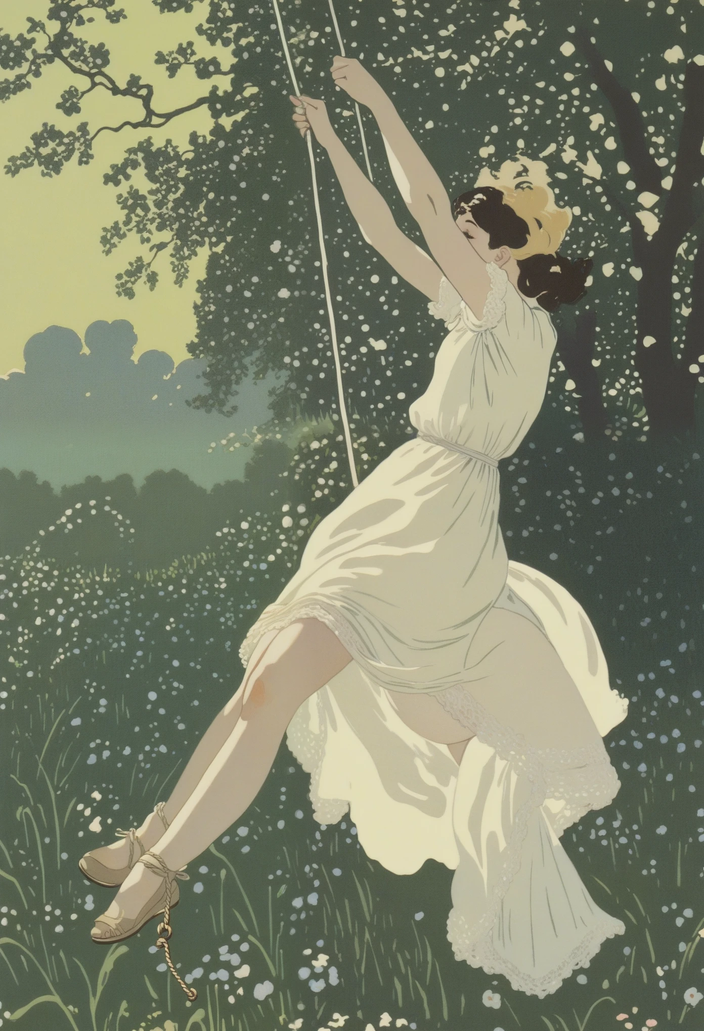 arafed woman swinging on a rope in a field, by Konstantin Somov, inspired by Konstantin Somov, by Ida Rentoul Outhwaite, by Nikolai Ge, hans thoma, inspired by Ida Rentoul Outhwaite, the non-binary deity of spring, by Julius Klinger, by Randolph Schwabe, by Charles Angrand