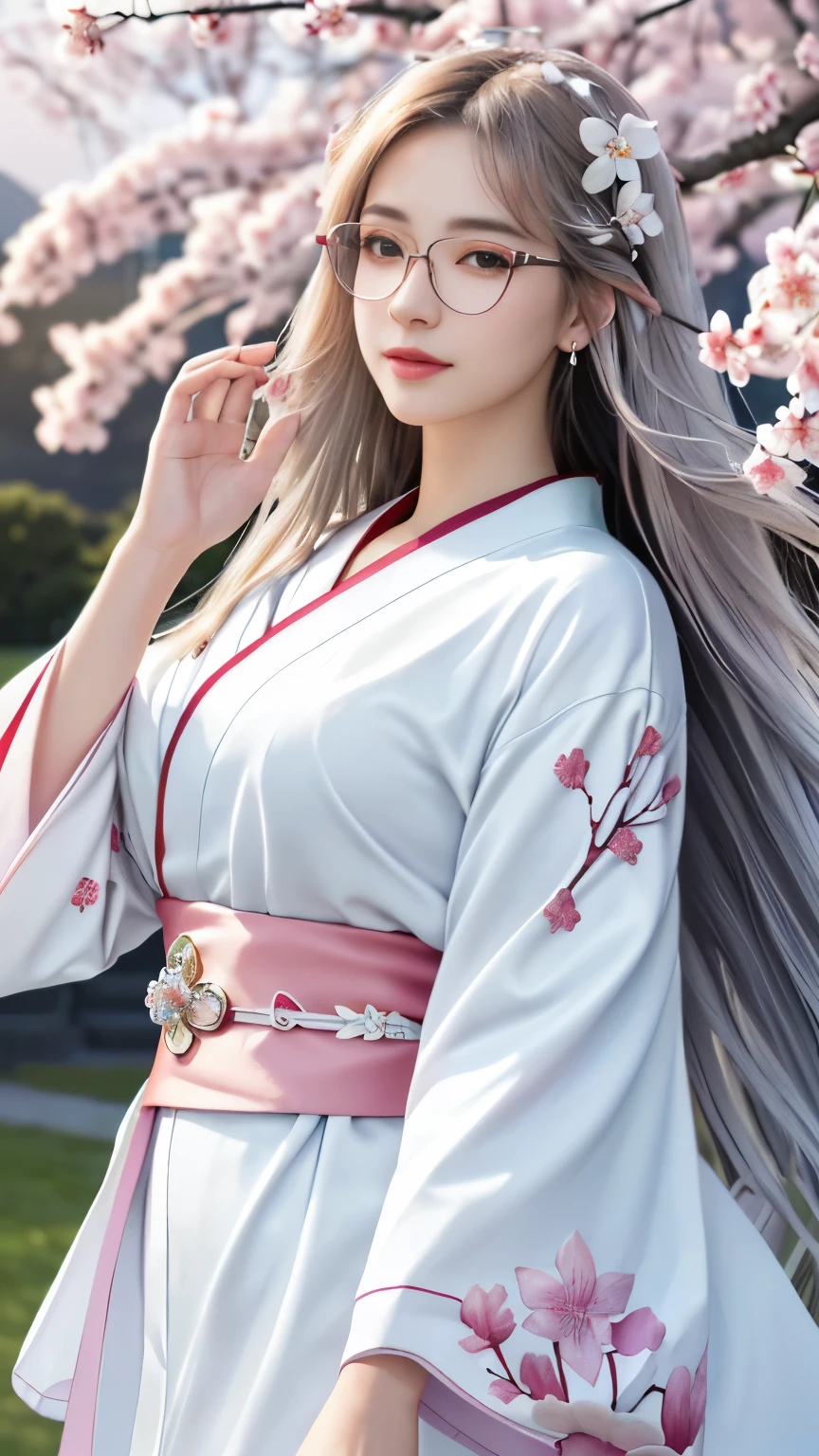 ((Logo, Masterpiece, 8k, Tabletop, RAW Photo, Amazing, Top Quality, Photorealistic and Highly Detailed CG Integrated 8k Wallpaper, High Quality, Highly Detailed, Narrative Poetry, Particle Effects, Dynamic Effects, Written border depth, cinematic light, lens flare, ray tracing, anatomically accurate)), fantasy, one beautiful woman, silver hair, clear eyes, long hair, beautiful face, natural face, detailed and beautiful eyes, Beautiful skin, (white kimono, white obi, white cherry blossom embroidery pattern), woman wearing glasses, long hair fluttering in the wind, long hair bouncing, long hair dancing in the wind, hair jumping, jewelry, beautiful eyes, silver earrings , wind, blue sky, beautiful background, ancient wind, senka, pink cherry tree, petals dancing, cherry blossom snowstorm, spectacular view, sunrise, against the background of the sun, wind, gods, mythology, vast earth, women's glasses look good , a woman with accurate hand shape