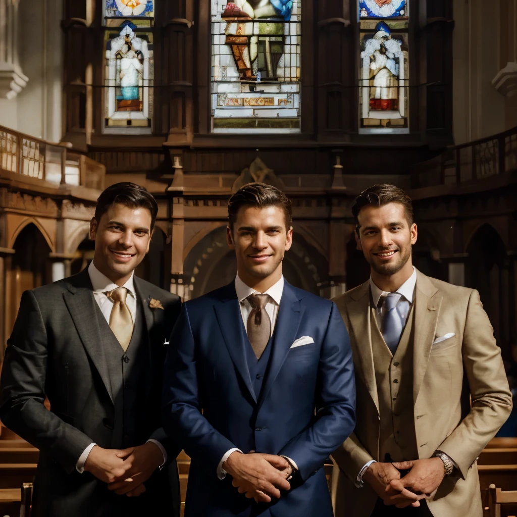 (best quality,4k,8k,highres,masterpiece:1.2),ultra-detailed,(realistic,photorealistic,photo-realistic:1.37),portrait of four men in tailored suits standing proudly in front of a charming church, exquisite detailing in their expressions and attire, perfectly ironed suits and crisp ties, affable smiles radiating warmth, professional stance with hands in pockets, capturing a moment of joy and camaraderie, the church's elegant facade with intricate carvings and stained glass windows enhancing the regal atmosphere, soft golden sunlight enveloping the scene, casting beautiful shadows, color palette reminiscent of warm autumn hues, the men exude confidence and success, creating an aura of achievement, creating a timeless portrait that tells a story of friendship, success, and celebration.