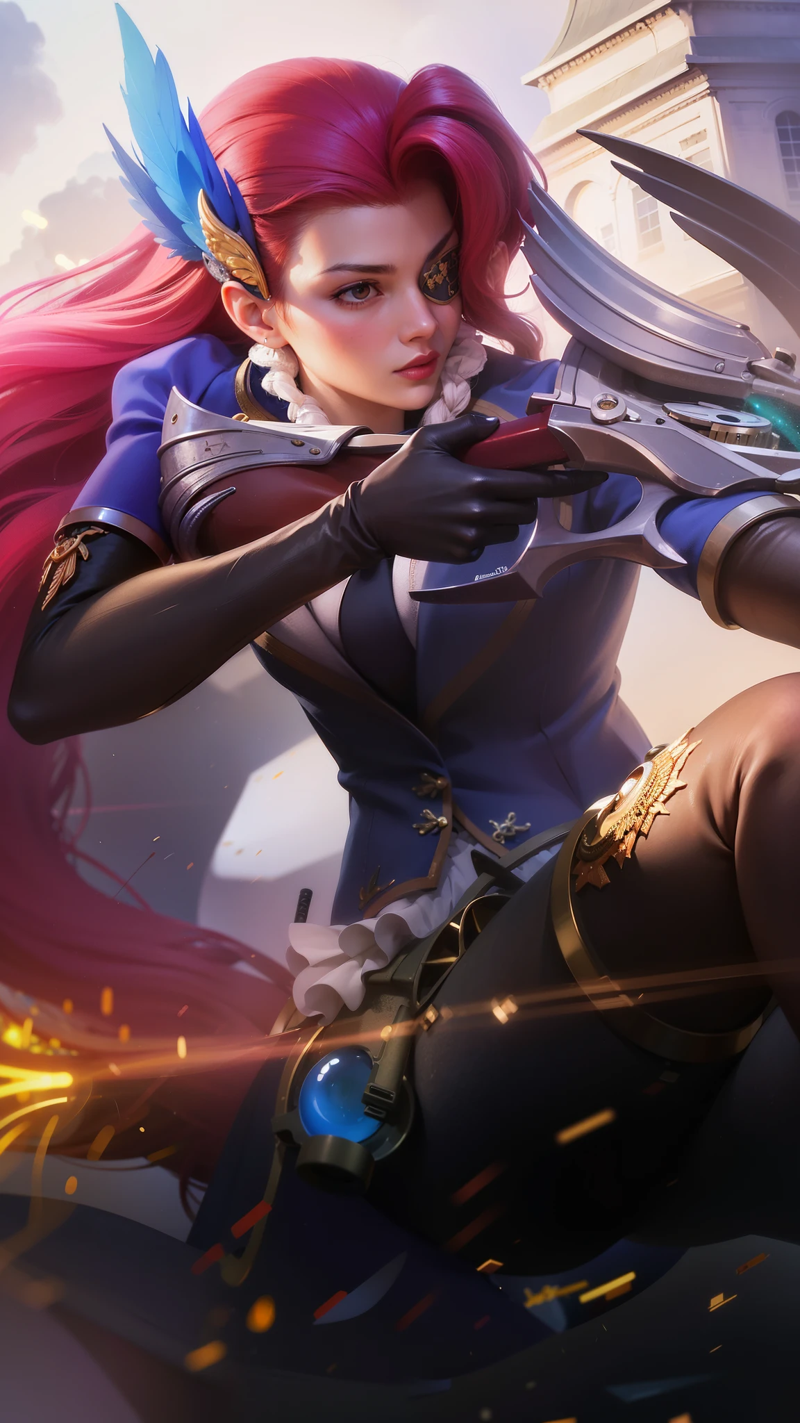a close up of a woman with a gun in her hand, red long hair, red lips glossy, 8k, ultra hd, ultra detailed texture, hyper realistic, masterpiece, detailed texture, detailed face, detailed skin, detailed lighting, (photorealistic:1.5), best quality, beautiful lighting, cinematic lighting, professional lighting, ultra highres, realistic, detailed hair, real hair, high quality, (realskin:1.5), extremely detailed, finely detail, ultra-detailed, braids, eye patch, left eyepatch,