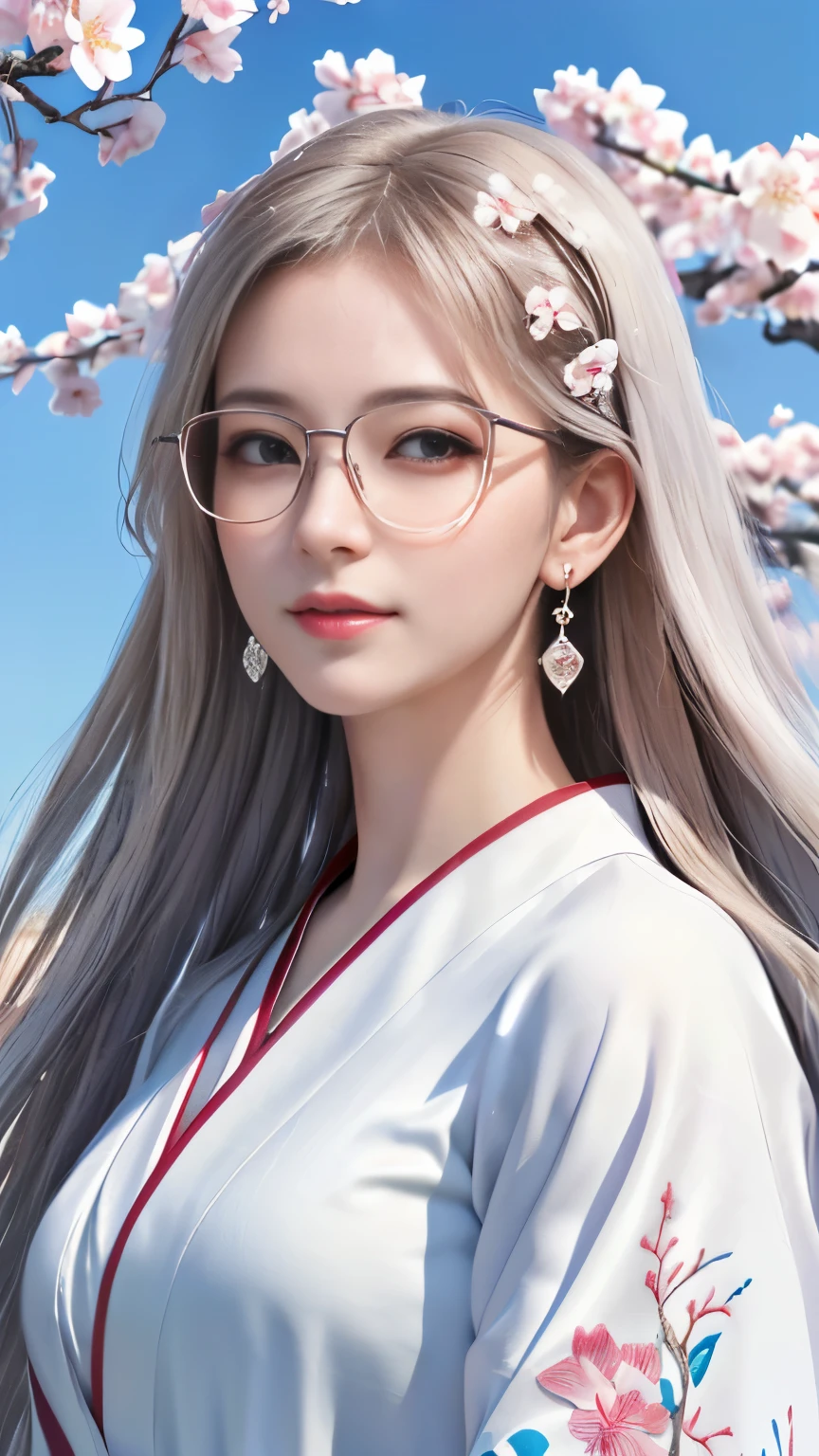 ((Logo, Masterpiece, 8k, Tabletop, RAW Photo, Amazing, Top Quality, Photorealistic and Highly Detailed CG Integrated 8k Wallpaper, High Quality, Highly Detailed, Narrative Poetry, Particle Effects, Dynamic Effects, Written border depth, cinematic light, lens flare, ray tracing, anatomically accurate)), fantasy, one beautiful woman, silver hair, clear eyes, long hair, beautiful face, natural face, detailed and beautiful eyes, Beautiful skin, (white kimono, white obi, white cherry blossom embroidery pattern), woman wearing glasses, long hair fluttering in the wind, long hair bouncing, long hair dancing in the wind, hair jumping, jewelry, beautiful eyes, silver earrings , wind, blue sky, beautiful background, ancient wind, senka, pink cherry tree, petals dancing, cherry blossom snowstorm, spectacular view, sunrise, against the background of the sun, wind, gods, mythology, vast earth, women's glasses look good , a woman with accurate hand shape