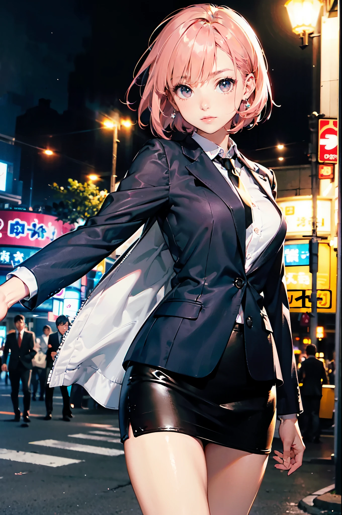 ((Perfect Anatomy:1.2,masterpiece、top-quality、The ultra -The high-definition、hight resolution、extremely details CG、8K)),cowboy shot,1woman,solo,20-year-old,(pink hair,short bob hair,bangs), slender body, skinny、medium breasts, gleaming skin,oily skin, (black tight mini skirt:1.3,black blazer jacket、white shirt、black tie), standing,bustling street、Tokyo、
