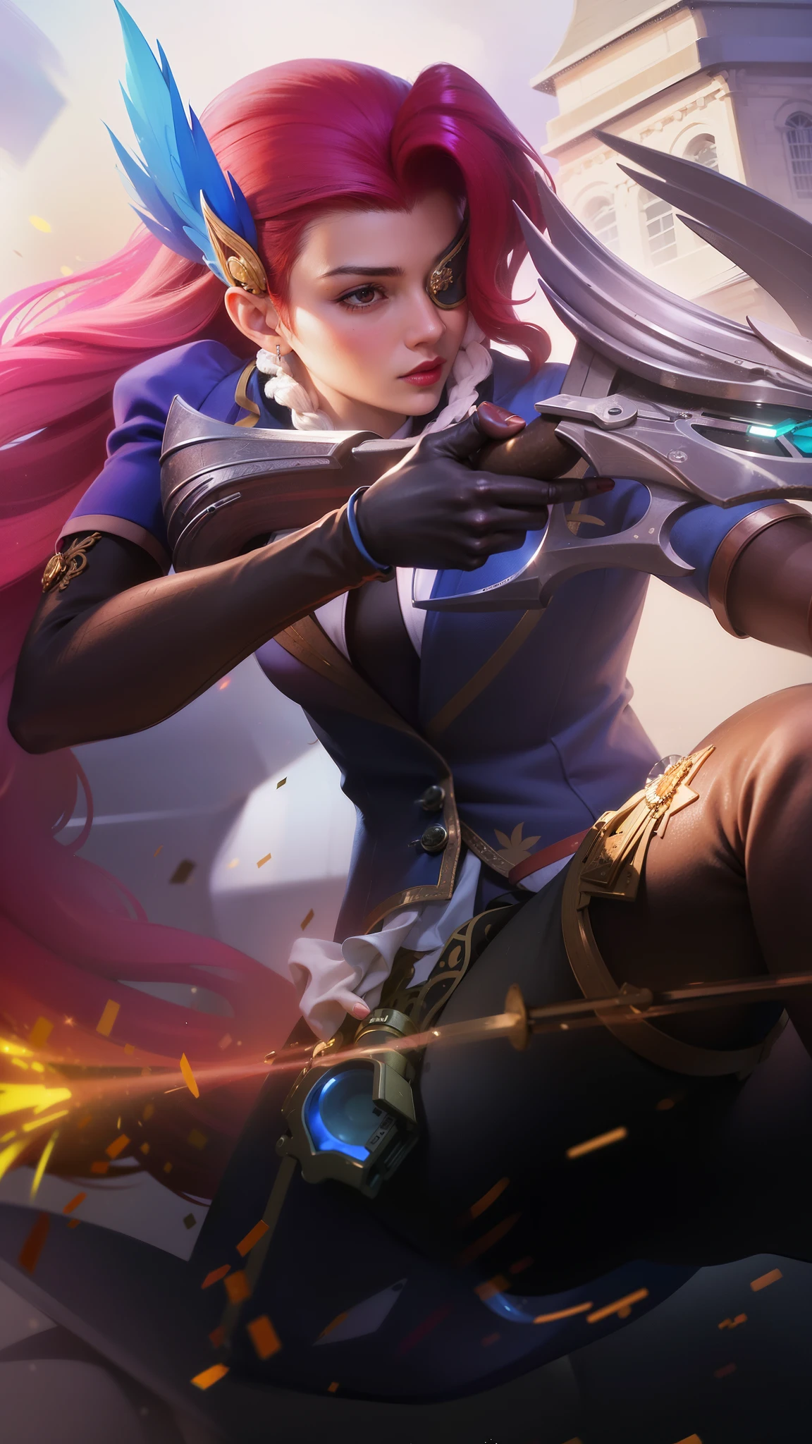 a close up of a woman with a gun in her hand, red long hair, red lips glossy, 8k, ultra hd, ultra detailed texture, hyper realistic, masterpiece, detailed texture, detailed face, detailed skin, detailed lighting, (photorealistic:1.5), best quality, beautiful lighting, cinematic lighting, professional lighting, ultra highres, realistic, detailed hair, real hair, high quality, (realskin:1.5), extremely detailed, finely detail, ultra-detailed, braids, eye patch, left eyepatch,