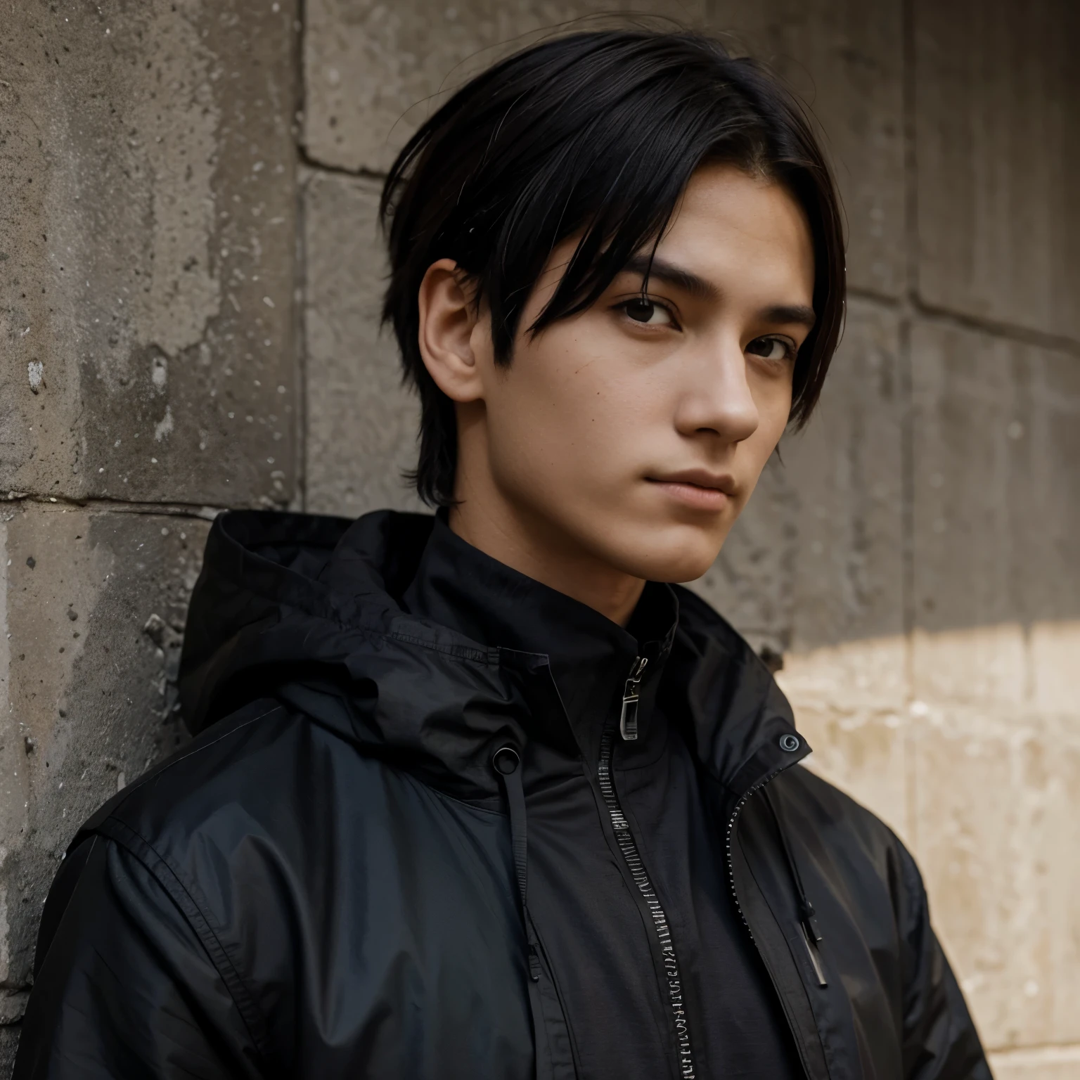 Draw a picture of a 16 year old who is a jujutsu kaisen sorcerer, com cabelo preto com uma mecha branca e amarrado.