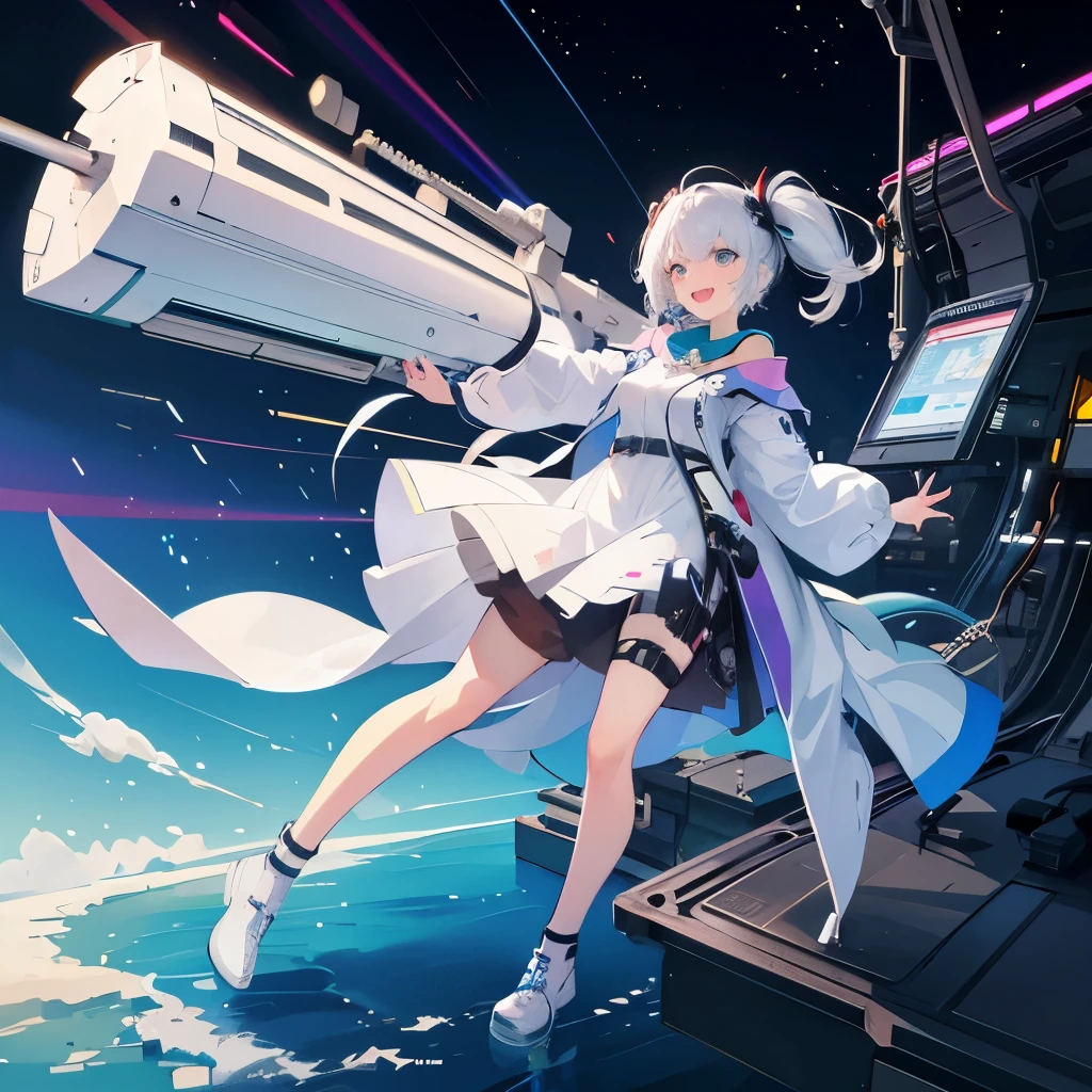 A gigantic gun whose half is a rainbow-colored 3D hologram. A beautiful white-haired scientist girl holding it. A laughing scientist with sci-fi elements in her accessories and clothes.