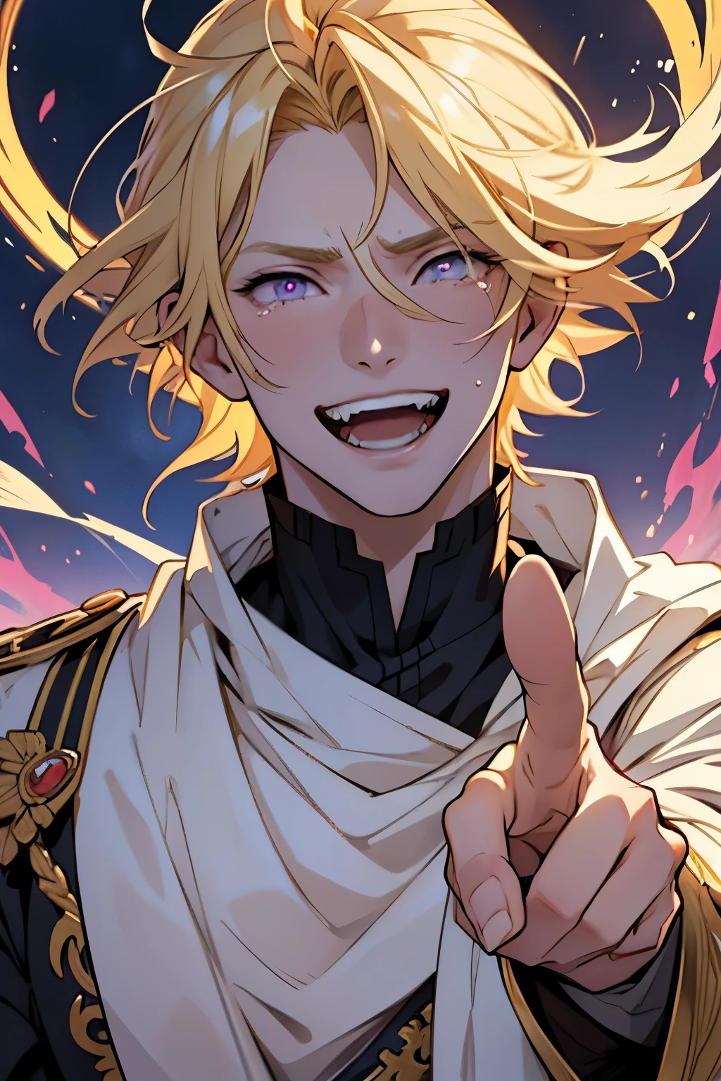 anime - laughing face, crazy laughing face, laugh, crazy laugh, huge laugh, pointing using hand, pointing to the camera, half body portrait, laughing to the sky, head pointing upward, crazy, laughing, tears, mouth open, screams, squinting, screaming, looking at the sky, looking up, crazy, laugh, psychopath, style image of a young prince with purple eyes and blonde hair, blonde hair, blonde hair, a portrait of a male prince, beautiful male prince, a male prince, portrait of a young prince, handsome guy in demon slayer art, male, young, beautiful androgynous prince, smirk, artwork in the style of guweiz