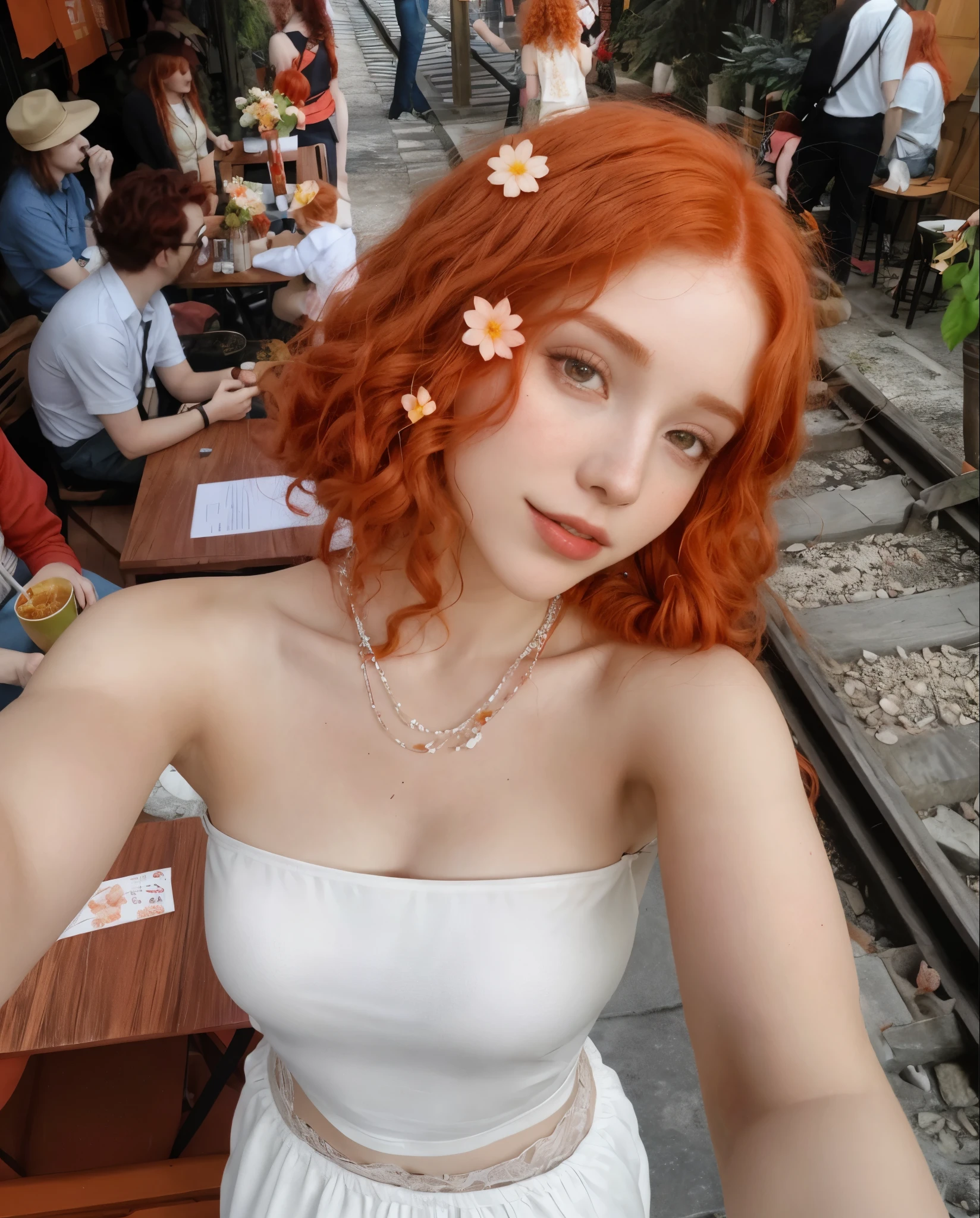 there is a woman with red hair and a flower in her hair, amouranth, better known as amouranth, floeers in hair, with curly red hair, with flowers, young beautiful amouranth, flowers in hair, cute young redhead girl, curly copper colored hair, redhead girl, short redhead, with red hair, orange hair