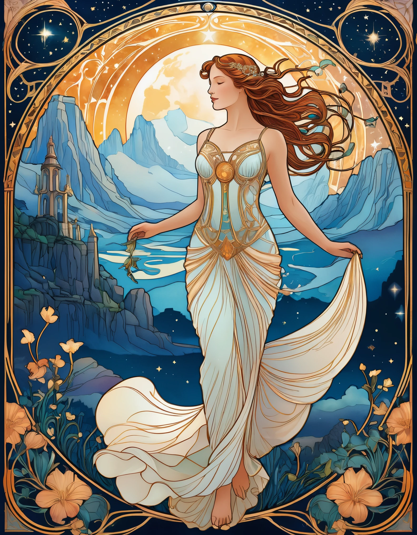 A legendary beauty with tales of adventure written in the stars, set against a backdrop of ancient mythology and epic landscapes. Rendered in the style of Art Nouveau, her form is graceful and ethereal, with flowing lines and intricate details that evoke the timeless beauty of myth and legend.