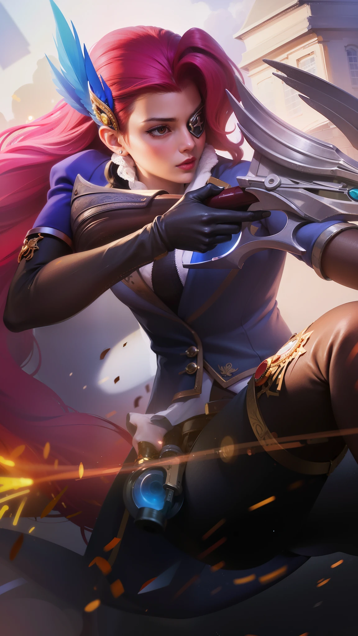 a close up of a woman with a gun in her hand, red long hair, red lips glossy, 8k, ultra hd, ultra detailed texture, hyper realistic, masterpiece, detailed texture, detailed face, detailed skin, detailed lighting, (photorealistic:1.5), best quality, beautiful lighting, cinematic lighting, professional lighting, ultra highres, realistic, detailed hair, real hair, high quality, (realskin:1.5), extremely detailed, finely detail, ultra-detailed, braids, eye patch, left eyepatch,