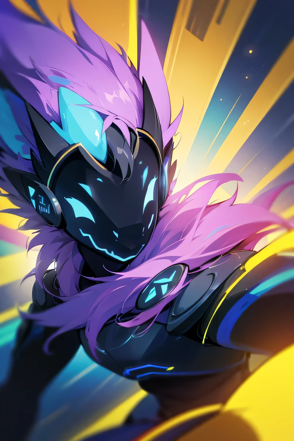 artcic protogen, blue visor, female, smiling, happy, dynamic lighting, illustration, portrait, beautiful, particles (high quality,4k,8k,highres,masterpiece:1.2), ultra-detailed, impressionistic:colorful,