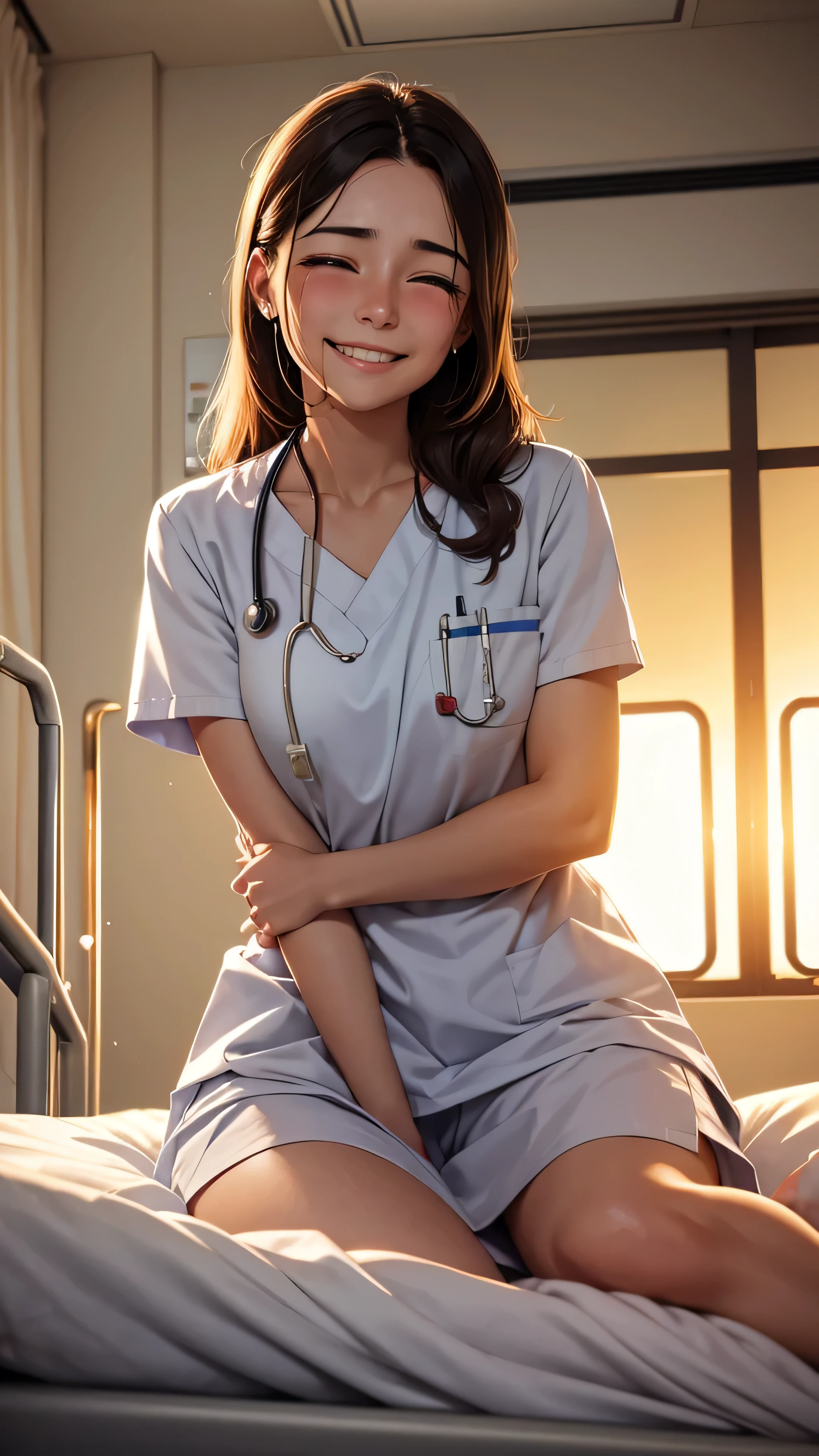(masterpiece:1.2), super high quality, japanese girl, 1 girl, slender body, (18-year-old), smiling, sunshine, thighs, nurse uniform, on a hospital bed, 