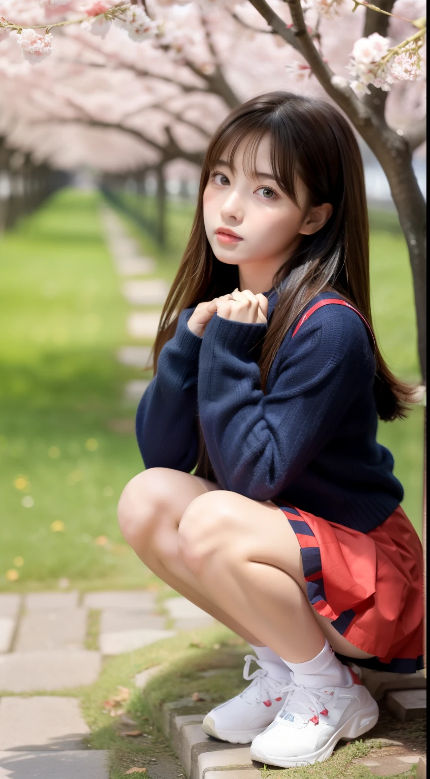 ulzzang-6500-v1.1,(Masterpiece, BestQuality:1.3), Super detailed, finely, High resolution, 8k wallpaper, perfect dynamic composition, 18 year old girl、 (Super beautiful,squatting down:1.5), (mini skirt, fullbody、thin leg:1.4)、Japanese high school girl、sailor suit、bright look、best style,anatomically correct body,gorgeous atmosphere, larger breasts,under the cherry tree
