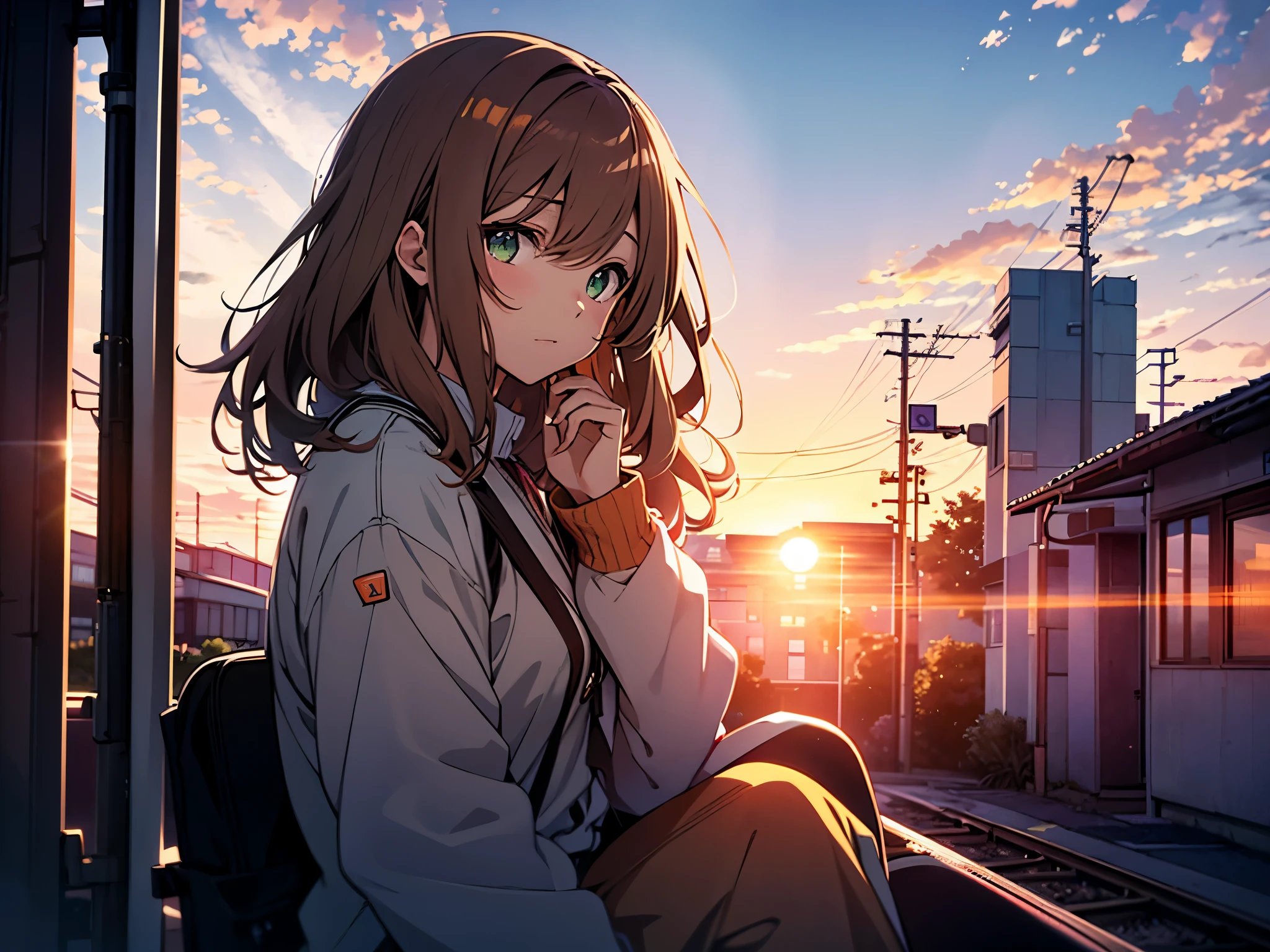 A beautiful anime girl with light brown hair and green eyes, wearing a white school uniform, sits in the train looking out the window at sunset. In front is an empty bus stop. The sky above has orange clouds and purple hues. A blue cargo ship can be seen far away in the distance. The style is reminiscent of an anime artist