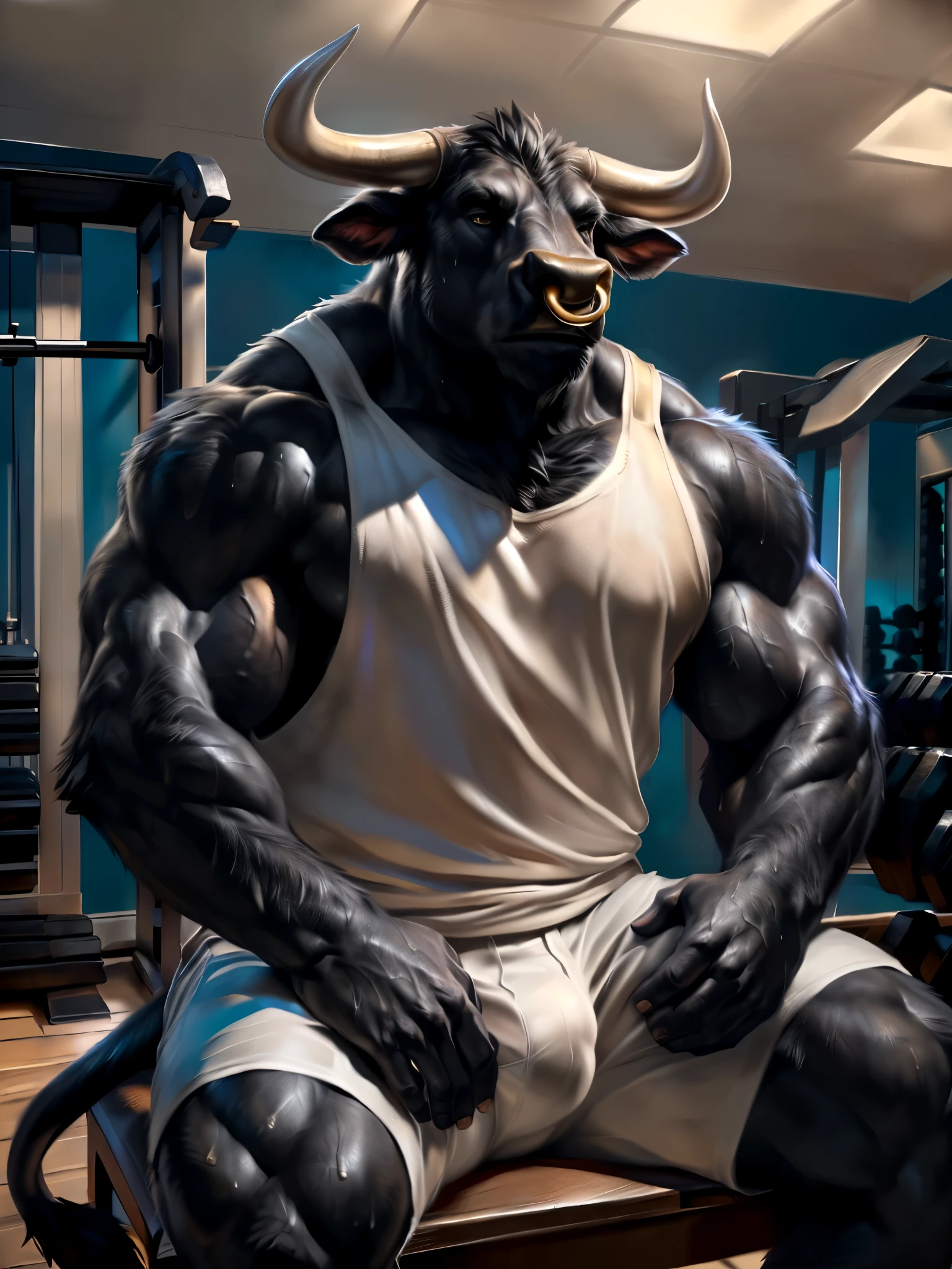 4k, high resolution, best quality, perfect colors, perfect shadows, perfect lighting, posted on e621, furry body, solo, portrait shot, anthro black bull, (monotone black fur, anatomically correct bovine tail, detailed fingers, nails on hands:1.3), male, (middle-aged, mature:1.2), (curved bovine horns), (heavily muscular, beefy, massive, manly, masculine:1.4), correct anatomy, (photorealistic fur, detailed sweaty fur, epic, masterpiece:1.2), (big modern gym background), (by Taran Fiddler, by Chunie, by Rukis, Bonifasko lighting), (sitting on a workout bench, gold nose ring:1.4), (long white tank-top:1.2), (white shorts:1.2), detailed bull eyes, detailed bulge