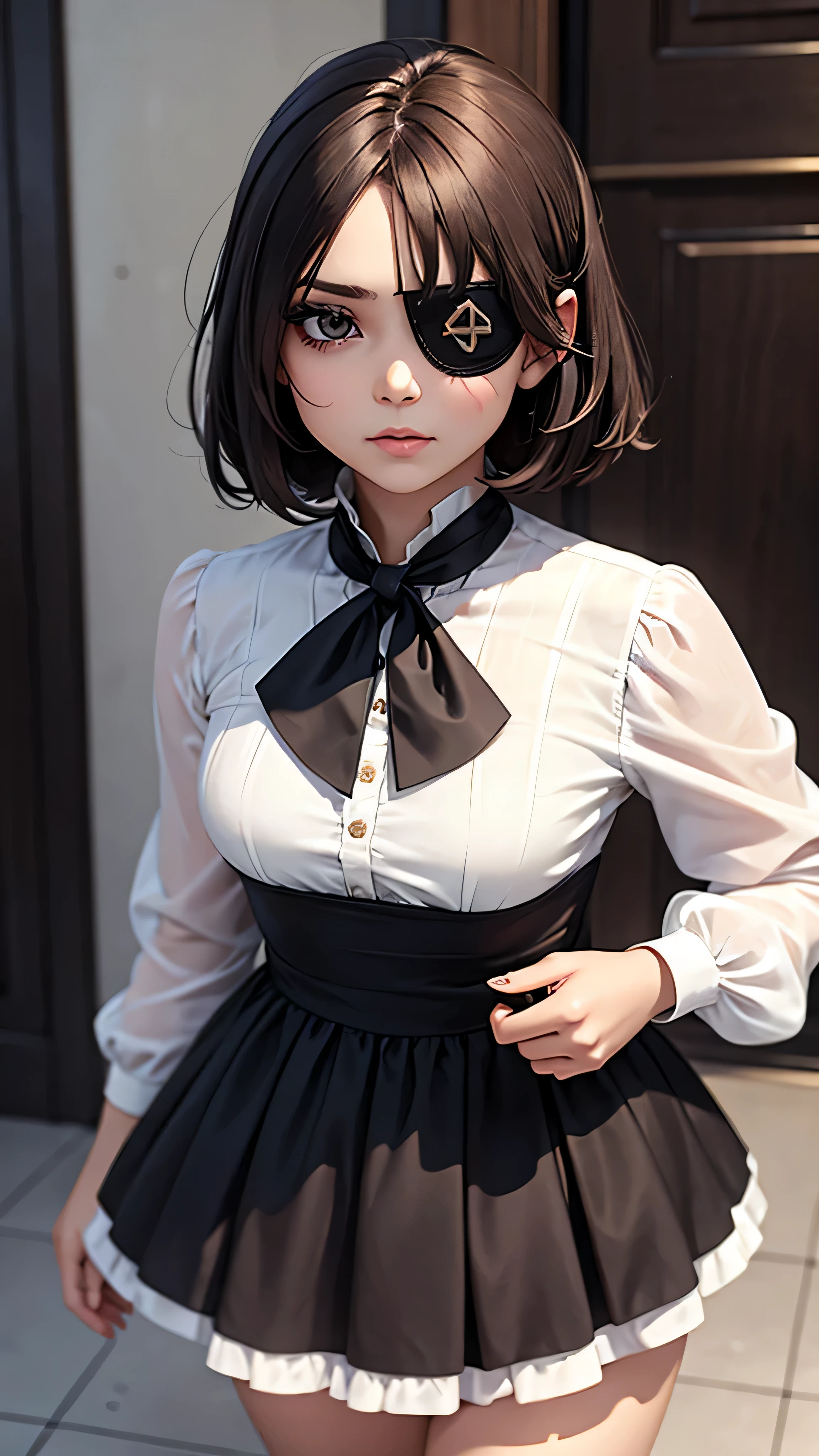 A girl only with one eye and she is wearing an eyepatch and she is wearing full dress