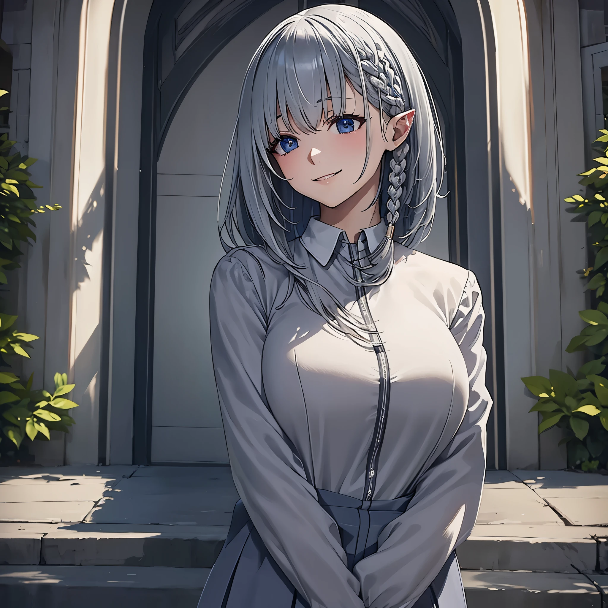 masterpiece、highest quality、beta、long gray hair、(((school uniform)))、Close up of upper body、long slit eyes、nihilistic smile、big breasts、POV from above 、Background of the entrance gate of a very large mansion