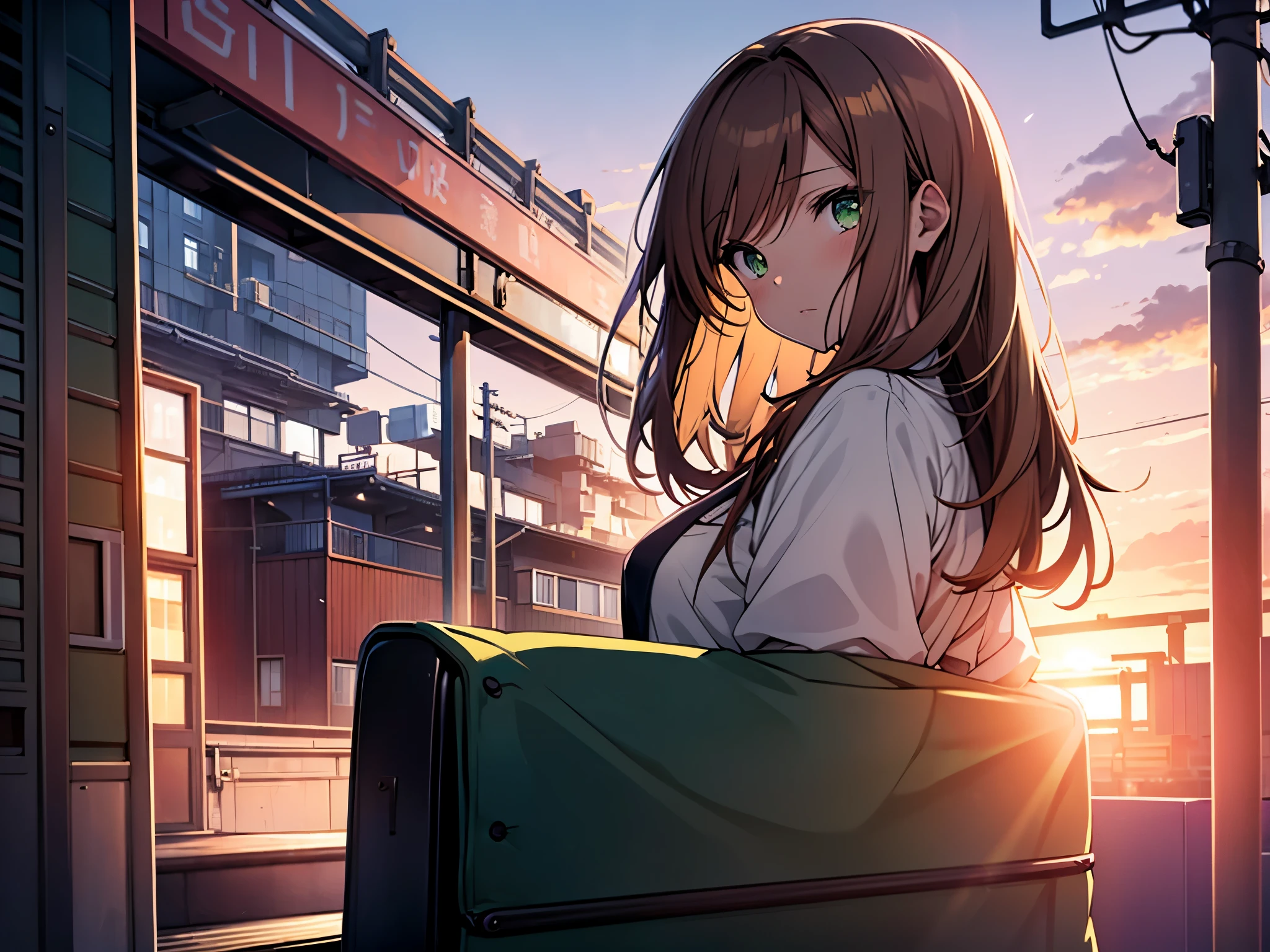 A beautiful anime girl with light brown hair and green eyes, wearing a white school uniform, sits in the train looking out the window at sunset. In front is an empty bus stop. The sky above has orange clouds and purple hues. A blue cargo ship can be seen far away in the distance. The style is reminiscent of an anime artist