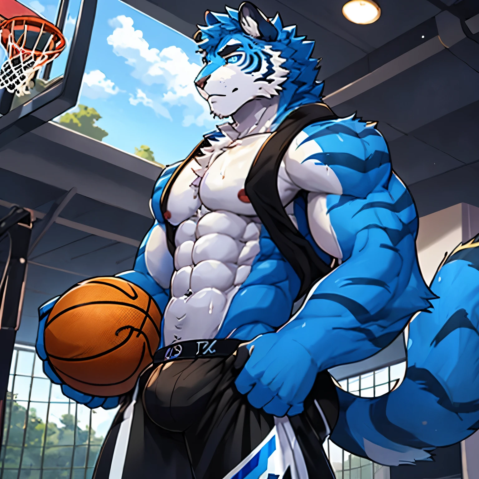 best quality, masterpiece, blue eyes, blue fur,Blue Tiger,campus,Black short sleeves on the upper body,Black sports shorts,sweaty,Abs loom,holding a basketball,look at screen