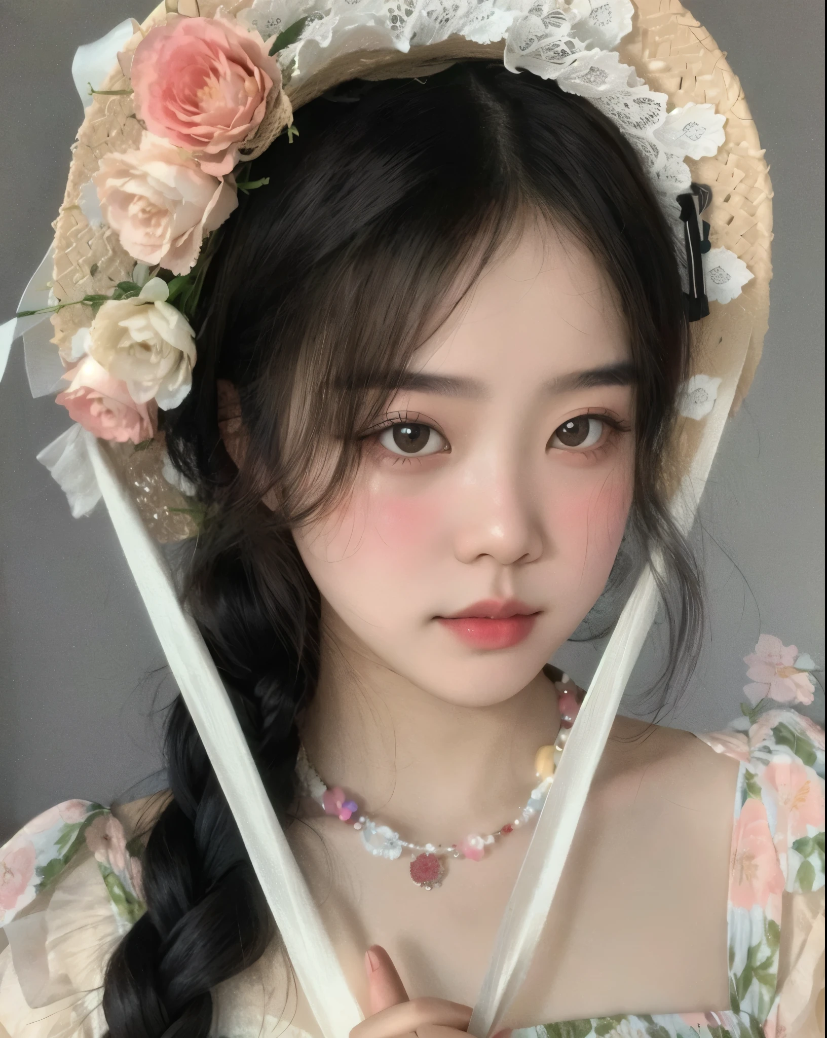 there is a woman with a straw hat and a flowered hat, ulzzang, beautiful aesthetic face, aesthetic portrait, guweiz, lovely delicate face, artwork in the style of guweiz, pale round face, young cute wan asian face, girl cute-fine-face, 🤤 girl portrait, south east asian with round face, kawaii realistic portrait